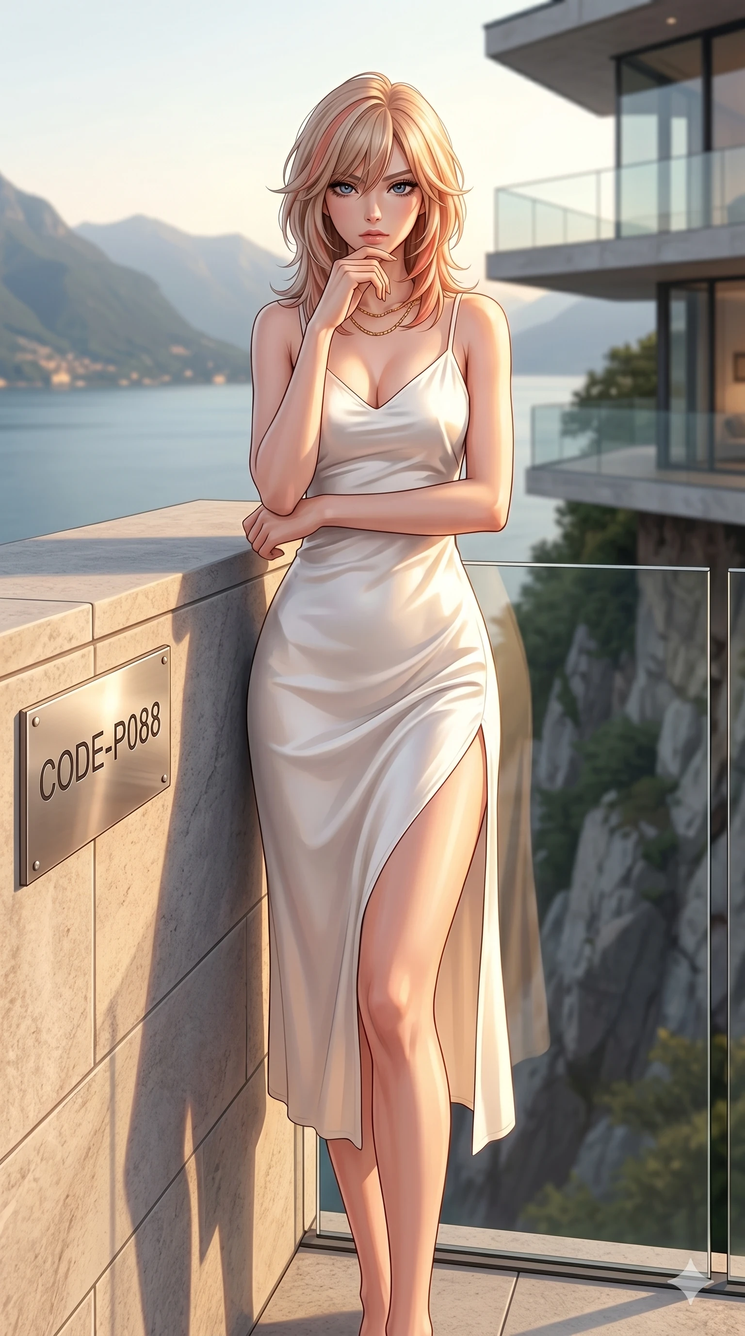 score_9, masterpiece, best quality, ultra-detailed, high-budget anime keyframe, editorial fashion photography, tasteful artistic composition, Japanese woman. cowboy shot from the thighs up, character and outfit filling the frame for maximum editorial presence. resting her chin on her fingers, looking directly into the lens with a piercing, mysterious gaze on a private viewing balcony of a modern architectural home built on a cliffside over a lake (Code-P088). She has an absolutely perfect 8-heads proportion, an exceptionally tall and slender female figure with impossibly long slender legs and an ultra-slim waist. V-shaped jawline, high-bridge nose, intricate jewel-like eyes with depth, thick eyelashes, glossy lips with a natural sheen. wearing a pristine white silk slip dress with a plunging V-neckline and a high side slit to mid-thigh. drenched in brilliant afternoon sunshine, casting warm rays that trace the curves of her athletic figure. 2k, ultra detail, master piece, 9:16 ratio
