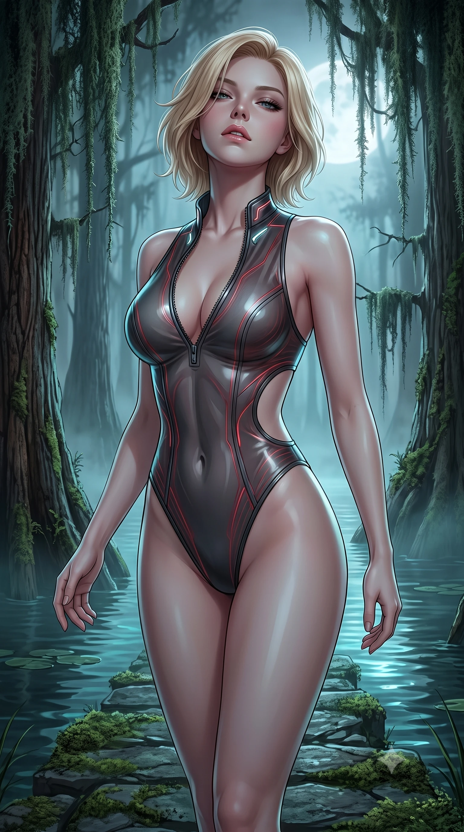score_9, masterpiece, best quality, ultra-detailed, high-budget anime keyframe, semi-realistic 3D game render, editorial fashion photography, tasteful artistic composition, Caucasian woman. close-up cowboy shot from the waist and thighs up, the character dominates the composition, filling the frame with her large presence. tilting her head back with a sensual alluring expression, exposing her throat and shoulders to the camera with heavy lashes and softly parted glossy lips while biting her lower lip with a dangerous, tempting smolder while stepping along a mossy submerged stone path as silver moonlight cuts through dense, eerie swamp mist. The surrounding environment is rendered in vivid detail and crisp panoramic clarity. detailed cypress bark grain, hanging moss filament textures, and calm dark water ripples in deep focus. She has an exceptionally elegant, slender, and willowy female figure with an ultra-slim waist, a gracefully sculpted slender torso, toned flat midriff, and a refined slim silhouette. sharp v-shaped jawline, high-bridge nose, intricate jewel-like eyes with depth, thick eyelashes, glossy lips with a natural sheen, flawlessly proportioned anatomical accuracy, strict slender model proportions, natural body alignment, perfectly sculpted long slender limbs, ultra-slim waistline, clean dynamic posture without body distortion. wearing an ultra-sleek high-cut vinyl bodysuit with front contour paneling, exposed side-rib cutouts, and an open back in smoky charcoal grey and glowing crimson filaments, tailored from semi-translucent dark cybernetic vinyl with subtle glowing micro-filaments, featuring a dangerously unzipped neckline framed by subtle glowing cybernetic accents, the glove-like aerodynamic second-skin fit tightly clinging to her ultra-slender waist and athletic curves without adding bulk, accentuating her razor-sharp statuesque lines and slim hourglass silhouette. bathed in pale silver moonlight backlighting and eerie cyan water refractions. rich saturated anime colors with deep moody shadows, detailed chiaroscuro shading with soft gradients, rich glossy textures, high-contrast stereoscopic depth, volumetric dynamic shadow lighting, master piece, 9:16 ratio