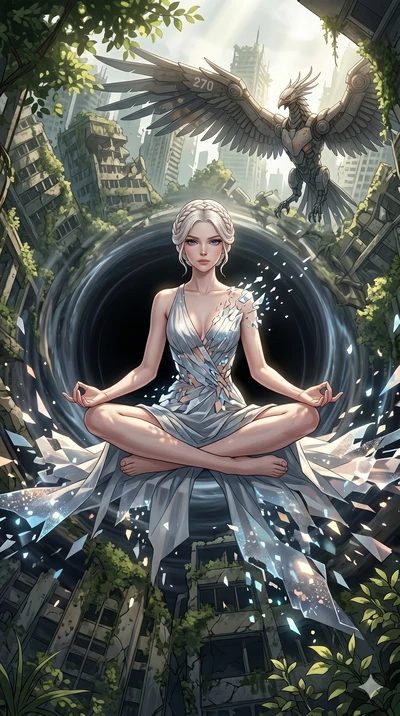 score_9, masterpiece, best quality, ultra-detailed, Set A: High-budget Anime Keyframe, Caucasian (human ears) woman. Low angle cowboy shot filling the entire 9:16 frame with her statuesque presence. Theme: Urban Decay. meditating in the edge of a bla