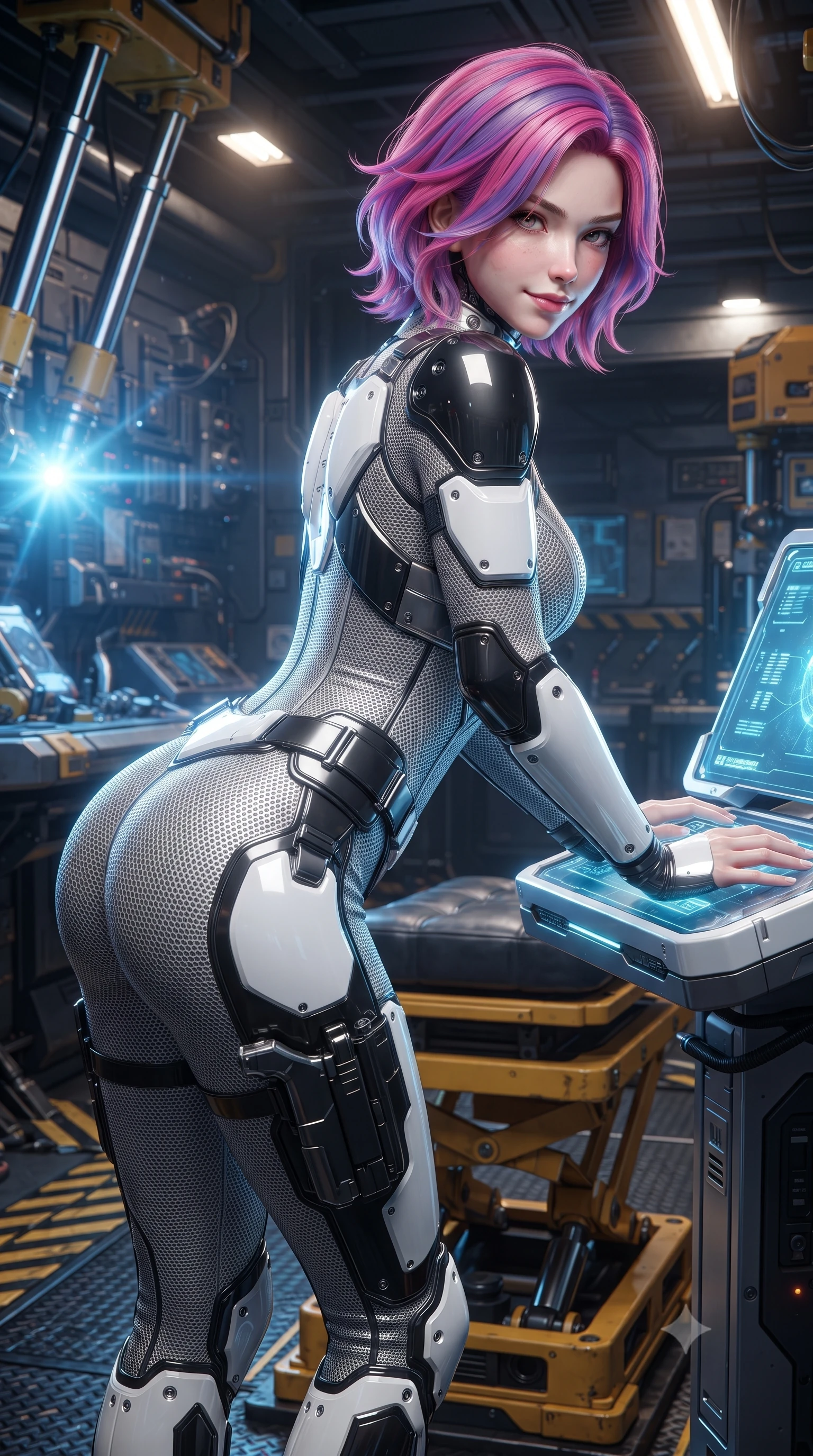 score_9, masterpiece, best quality, ultra-detailed, high-budget anime keyframe, editorial fashion photography, tasteful artistic composition, Caucasian woman. close-up cowboy shot from the waist and thighs up, the character dominates the composition, filling the frame with her large presence. resting both hands lightly on the holoscreen pedestal while leaning toward the lens with a teasing smirk, her tight combat suit hugging her narrow waist and feminine hip curve while standing poised on a yellow hydraulic lift platform with hips cocked back, looking over her shoulder with an intoxicating mechanic allure. The surrounding environment is rendered in vivid detail and crisp panoramic clarity: sharp hydraulic cylinder chrome rods, armored plating weld seams, and hazard stripe floor textures in deep focus. She has an exceptionally elegant, slender, and willowy female figure with an ultra-slim waist, flat toned midriff, narrow ribcage, and sculpted feminine hips creating an alluring, slim hourglass silhouette without bulk. sharp v-shaped jawline, high-bridge nose, intricate jewel-like sparkling eyes with depth, thick eyelashes, glossy parted lips with a natural sheen, bright confident smile with an enchanting and coquettish sensual glint, exuding both youthful magnetic charm and sovereign high-tech allure, flawlessly proportioned anatomical accuracy, strict slender model proportions, natural body alignment, perfectly sculpted long slender limbs, ultra-slim waistline, clean dynamic posture without body distortion. wearing a form-contouring delicate silver nano-mesh bodysuit with strategically placed chrome armor plate guards covering key curves in dual-tone high-contrast monochrome black and stark white, made of high-grade ballistic nylon with precision laser-cut perforations, finished with polished chrome buckle hardware and modular magnetic holster clasps, the aerodynamic second-skin silhouette tightly following the natural contour of her hips and long slender legs with youthful 8.5-heads elegance. bathed in high-intensity arc-welding blue light pulses contrasting with warm halogen overhead lamps. ultra-reflective glossy finish, specular highlights, rich textural contrasts, high-contrast stereoscopic depth, volumetric dynamic lighting, 2k, ultra detail, master piece, 9:16 ratio