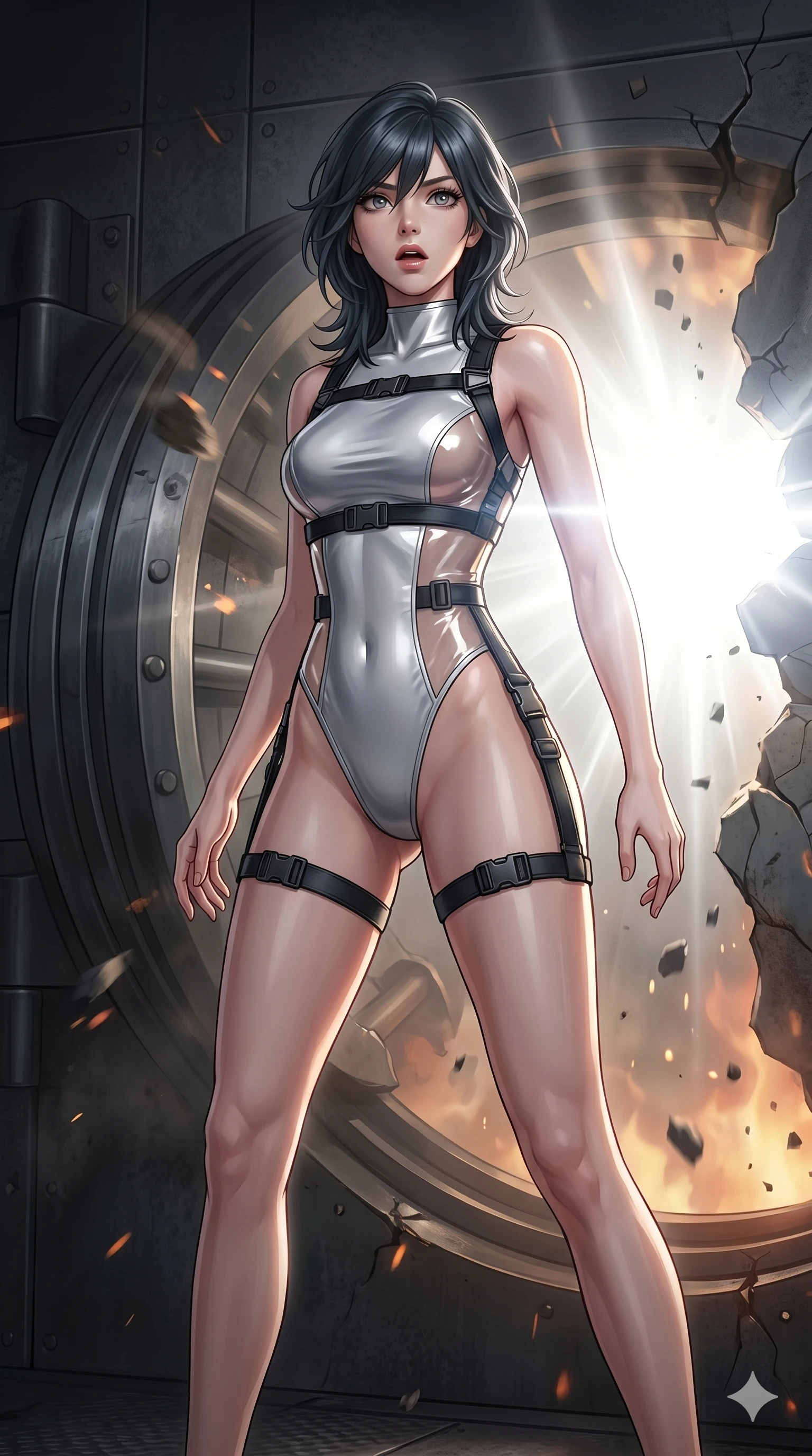 score_9, masterpiece, best quality, ultra-detailed, high-budget anime keyframe, editorial fashion photography, tasteful artistic composition, Caucasian woman, strictly human ears. cowboy shot from the thighs up, character and outfit filling the frame for maximum editorial presence. staring at the source of light with a stunned, breathless look, her chest rising and falling rapidly inside a high-security vault door that has just violently cracked open (Scenario Code U-11). She has an absolutely perfect 8-heads proportion, an exceptionally tall and slender female figure with impossibly long slender legs and an ultra-slim waist. V-shaped jawline, high-bridge nose, intricate jewel-like eyes with depth, thick eyelashes, glossy lips with a natural sheen. wearing a high-cut silver leotard with translucent PVC side panels and black utility straps. illuminated by the sudden blinding white flash of a nearby explosion or searchlight. 2k, ultra detail, master piece, 9:16 ratio