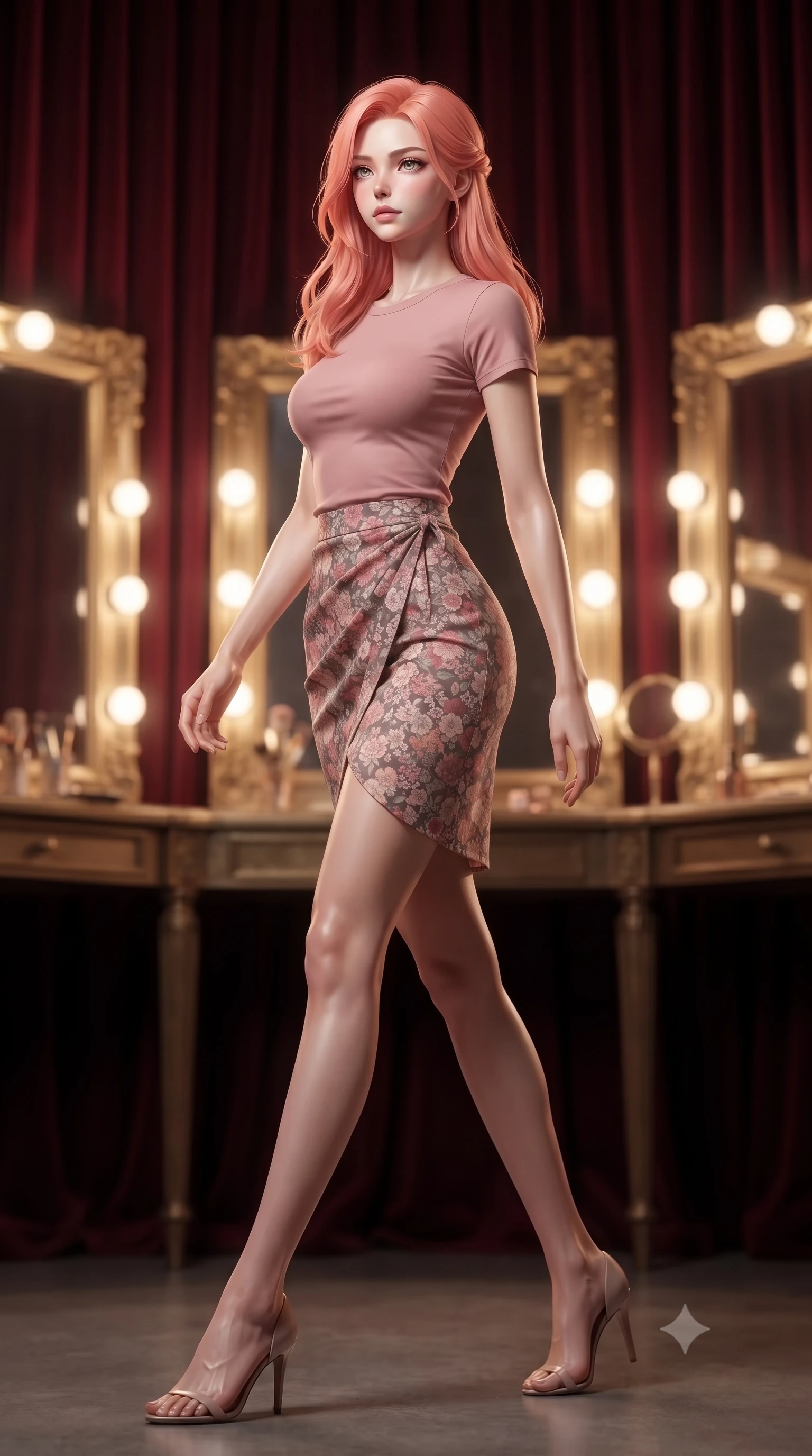 score_9, masterpiece, best quality, ultra-detailed, high-budget anime keyframe, editorial fashion photography, tasteful artistic composition, Japanese woman. low angle full-body shot from head to toe showing her feet, filling the entire 9:16 vertical frame with her statuesque presence, stretching her vertical silhouette. stepping gracefully while looking back over her shoulder, her dress draped tightly to reveal her silhouette the background shows a soft-focus an old theater dressing room with heavy red velvet curtains and gold mirrors. She has an absolutely perfect, statuesque 8.5-heads proportion, an exceptionally tall and slender model-like female figure with impossibly long slender legs and an ultra-slim waist. sharp v-shaped jawline, high-bridge nose, intricate jewel-like eyes with depth, thick eyelashes, glossy lips with a natural sheen. wearing a slim-fit simple crewneck t-shirt in dusty pink paired with a floral print wrap skirt. soft vanity lighting reflecting off the mirrors to create a glowing frame. ultra-reflective glossy finish, specular highlights, metallic sheen, high-contrast stereoscopic depth, volumetric dynamic lighting, 2k, ultra detail, master piece, 9:16 ratio