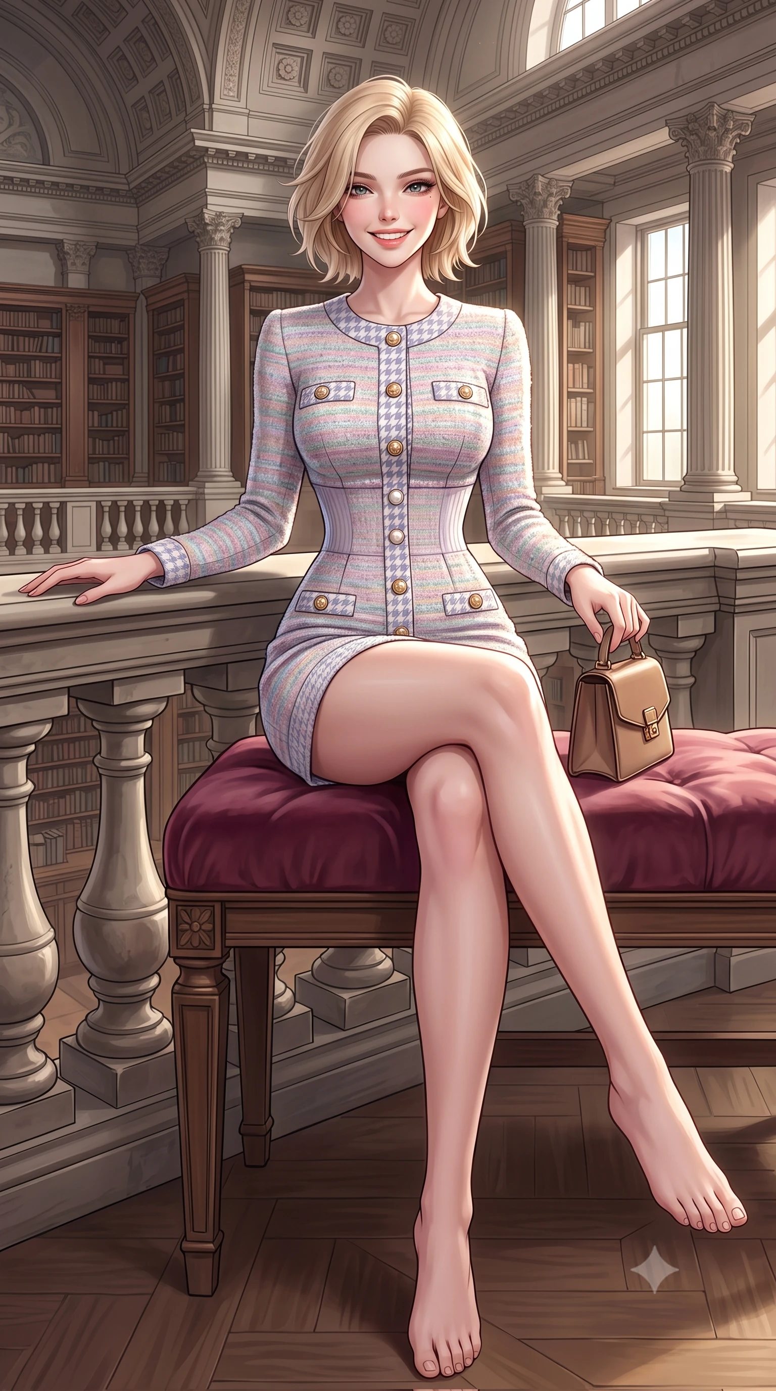 score_9, masterpiece, best quality, ultra-detailed, high-budget anime keyframe, semi-realistic 3D game render, editorial fashion photography, tasteful artistic composition, Caucasian woman. low angle full-body shot from head to toe showing her feet, filling the entire 9:16 vertical frame with her statuesque presence, stretching her vertical silhouette. sitting gracefully on the plush bench with legs crossed and angled toward the camera, highlighting her long slender limbs and hourglass waist while turning with a delightful beam toward the camera while resting one hand on the stone balustrade of the grand reading room. The surrounding environment is rendered in vivid detail and crisp panoramic clarity: detailed houndstooth tweed jacket weave, gold embossed coin buttons, and monumental British architecture in high resolution. She has an exceptionally tall and slender model-like 8.5-heads proportion, an ultra-slim waist, a flat toned midriff, narrow delicate ribcage, and beautifully sculpted feminine hips creating a graceful, slim hourglass silhouette without any bulky heaviness, with impossibly long slender legs. sharp v-shaped jawline, high-bridge nose, intricate jewel-like sparkling eyes with depth, thick eyelashes, glossy parted lips with a natural peach sheen, bright cheerful beaming smile with an enchanting and coquettish sensual glint, exuding both youthful cute charm and seductive allure, flawlessly proportioned anatomical accuracy, strict slender model proportions, natural body alignment, perfectly sculpted long slender limbs, ultra-slim waistline, clean dynamic posture without body distortion. wearing a form-contouring pastel bouclé tweed bodycon mini dress with structured waist darts and decorative pearl buttons in royal sapphire blue and antique brushed bronze, tailored from form-contouring ribbed merino wool hugging her torso like a second skin, finished with a structured leather micro-bag held lightly at her hip, the liquid-tight tailored fabric clinging flawlessly to her narrow waist and rounded feminine hips, emphasizing every millimeter of her sculpted slim hourglass curves without any bulky heaviness. illuminated by pale stone reflection bounce and sharp platinum rim lights sculpting her jawline, narrow waist, and statuesque proportions. highly saturated vibrant anime colors, detailed shading with soft gradients, rich glossy textures, high-contrast stereoscopic depth, volumetric dynamic lighting, master piece, 9:16 ratio