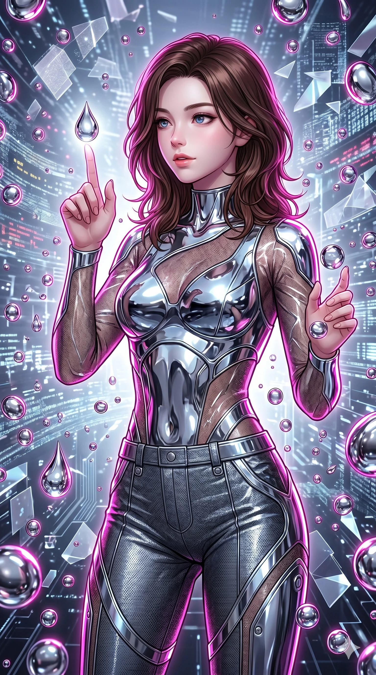 score_9, masterpiece, best quality, ultra-detailed, high-budget anime keyframe, Korean woman. Upper body close-up from the thighs up, character filling the screen for maximum presence. Inside a digital void, surrounded by floating chrome droplets, catching a droplet on her finger with a fascinated, gentle expression. She is wearing an asymmetrical liquid-chrome top with sheer sleeves and high-waisted pants. The scene is lit by bright white key lights and sharp magenta rim lighting. 2k, ultra detail, master piece, 9:16 ratio