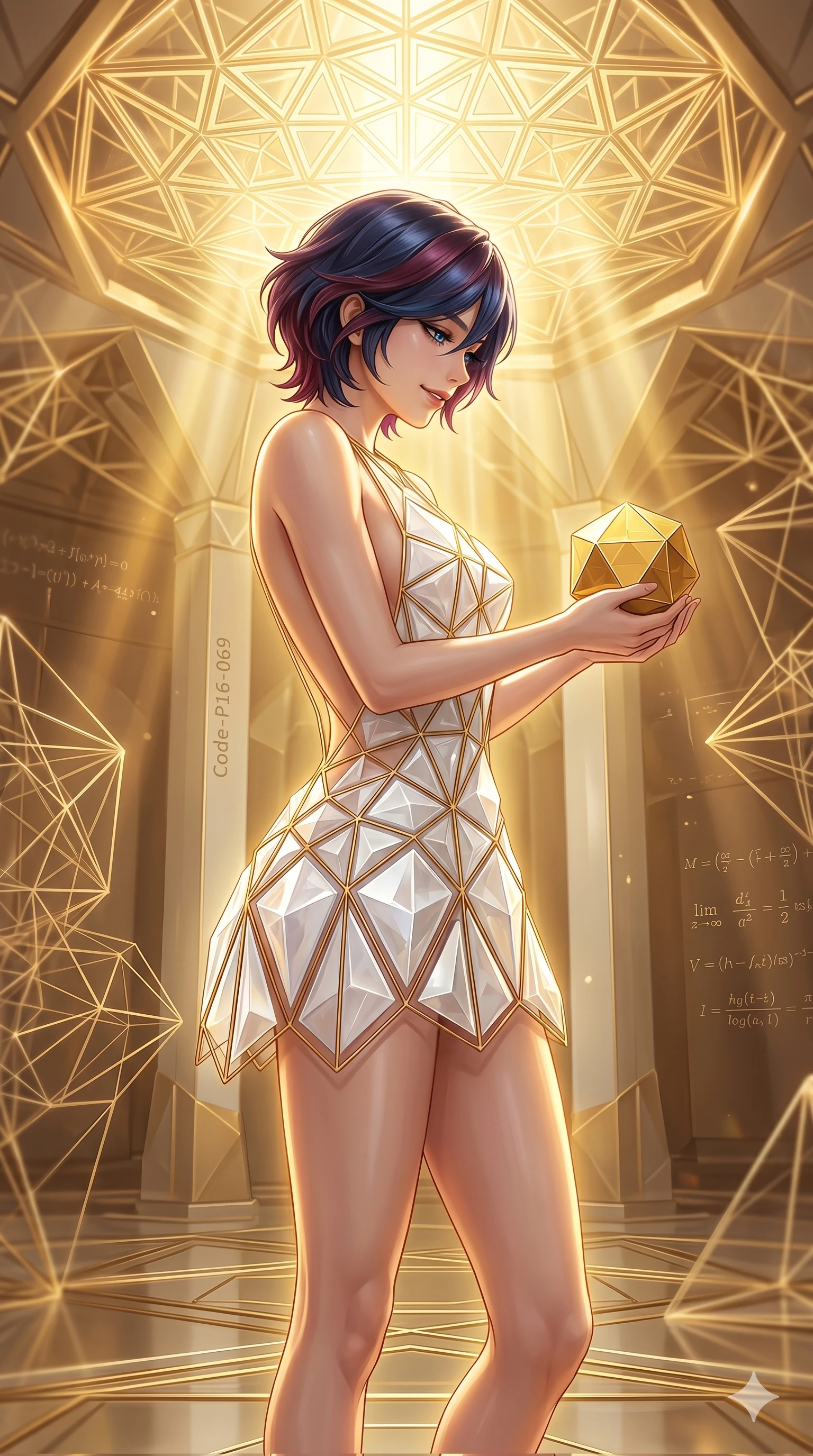 score_9, masterpiece, best quality, ultra-detailed, high-budget anime keyframe, editorial fashion photography, tasteful artistic composition, Korean woman. cowboy shot from the thighs up, character and outfit filling the frame for maximum editorial presence. holding a small golden polyhedron, looking down with a serene and powerful smile inside a mathematical temple with golden geometric ceiling patterns (Code-P16-069). She has an absolutely perfect 8-heads proportion, an exceptionally tall and slender female figure with impossibly long slender legs and an ultra-slim waist. V-shaped jawline, high-bridge nose, intricate jewel-like eyes with depth, thick eyelashes, glossy lips with a natural sheen. wearing a crystalline structured white mini-dress with gold wire frames and open back. brilliant golden rays from the ceiling, creating a warm glowing aura on her silhouette. 2k, ultra detail, master piece, 9:16 ratio