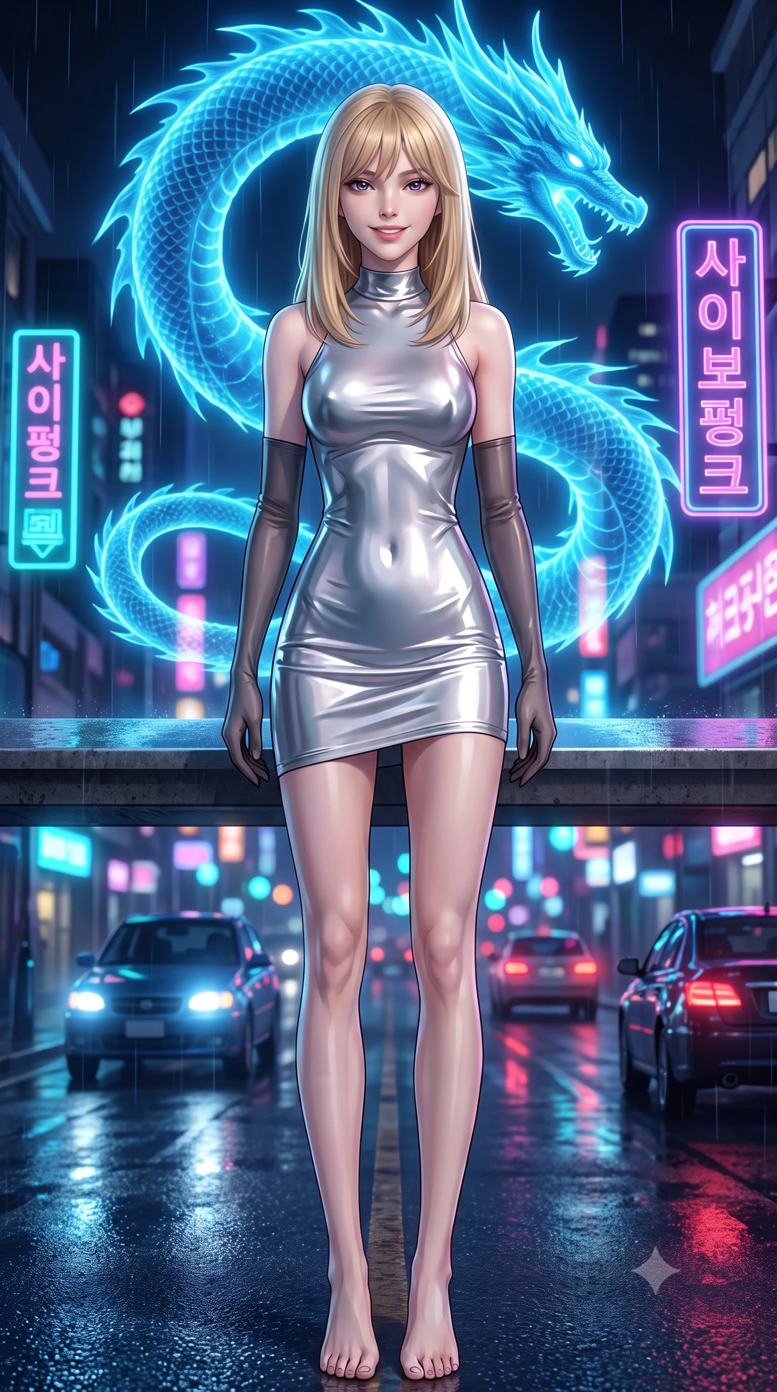 score_9, masterpiece, best quality, ultra-detailed, high-budget anime keyframe, semi-realistic 3D game render, editorial fashion photography, tasteful artistic composition, Japanese woman. low angle full-body shot from head to toe showing her feet, filling the entire 9:16 vertical frame with her statuesque presence, stretching her vertical silhouette. lounging on the lavish daybed with legs crossed and hips angled toward the camera, displaying her toned midriff and long slender limbs with effortless siren poise while lounging gracefully on the heated stone bench with legs extended, displaying her long slender legs and statuesque hourglass silhouette amid rain-washed neon. The background shows a soft-focus gigantic coiling holographic azure dragon, towering neon Hangul holographic signs, and rain-slicked futuristic traffic blurred into electric cyan, cobalt, and crimson bokeh. She has an exceptionally tall and slender model-like 8.5-heads proportion, an ultra-slim waist, a flat toned midriff, narrow delicate ribcage, and beautifully sculpted feminine hips creating a graceful, slim hourglass silhouette without any bulky heaviness, with impossibly long slender legs. sharp v-shaped jawline, high-bridge nose, intricate jewel-like sparkling eyes with depth, thick eyelashes, glossy parted lips with a natural peach sheen, bright cheerful beaming smile with an enchanting and coquettish sensual glint, exuding both youthful cute charm and seductive allure, flawlessly proportioned anatomical accuracy, strict slender model proportions, natural body alignment, perfectly sculpted long slender limbs, ultra-slim waistline, clean dynamic posture without body distortion. wearing a liquid chrome second-skin bodycon knit dress hugging every curve of her hourglass frame with metallic luster in iridescent mother-of-pearl and liquid molten silver, tailored from high-gloss patent leather with mirror-like specular highlights, complemented by sheer opera-length evening gloves tracing her slender arms, the liquid-tight tailored fabric clinging flawlessly to her narrow waist and rounded feminine hips, emphasizing every millimeter of her sculpted slim hourglass curves without any bulky heaviness. bathed in the glowing azure radiance of the monumental holographic dragon mixed with neon street reflections. highly saturated vibrant anime colors, detailed shading with soft gradients, rich glossy textures, high-contrast stereoscopic depth, volumetric dynamic lighting, master piece, 9:16 ratio