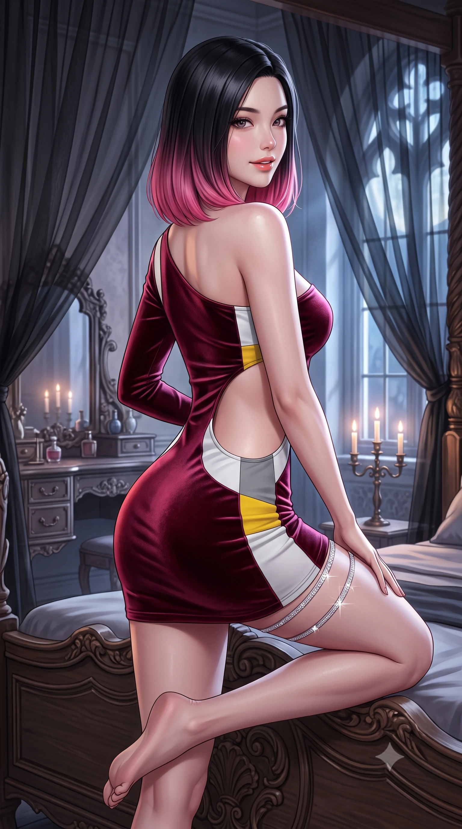 score_9, masterpiece, best quality, ultra-detailed, high-budget anime keyframe, semi-realistic 3D game render, editorial fashion photography, tasteful artistic composition, Korean woman. close-up cowboy shot from the waist and thighs up, the character dominates the composition, filling the frame with her large presence. perched sideways on the lounge seat, one knee drawn up to showcase her slender leg line while her arched back accentuates her feminine hip curve while sitting perched on the edge of the antique carved four-poster bed with hips cocked back, looking over her shoulder with an intoxicating smile. The background shows a soft-focus floating sheer black organza canopy curtains, antique gothic vanities, and moonlight blurred into charcoal, lavender, and silver bokeh. She has an exceptionally elegant, slender, and willowy female figure with an ultra-slim waist, flat toned midriff, narrow ribcage, and sculpted feminine hips creating an alluring, slim hourglass silhouette without bulk. sharp v-shaped jawline, high-bridge nose, sparkling eyes with hypnotic seductive depth, thick curled eyelashes, glossy parted lips with a natural dewy peach sheen, alluring bedroom-eyes with an enchanting coquettish smile, exuding magnetic siren charisma and sophisticated glamour, flawlessly proportioned anatomical accuracy, strict slender model proportions, natural body alignment, perfectly sculpted long slender limbs, ultra-slim waistline, clean dynamic posture without body distortion. wearing an asymmetric one-shoulder metallic bordeaux mini dress with a dramatic side cutout hugging her waist and hips in Bauhaus optic white and concrete grey with primary yellow accents, tailored from ultra-plush velvet with rich tactile depth and deep shadow gradients, finished with delicate crystal-encrusted thigh garter straps glinting under the lights, the liquid-tight tailored fabric clinging flawlessly to her narrow waist and rounded feminine hips, emphasizing every millimeter of her sculpted slim hourglass curves without any bulky heaviness. bathed in cool moonlight streaming through tall gothic windows mixed with soft bedside candelabra warmth. highly saturated vibrant anime colors, detailed shading with soft gradients, rich glossy textures, high-contrast stereoscopic depth, volumetric dynamic lighting, master piece, 9:16 ratio
