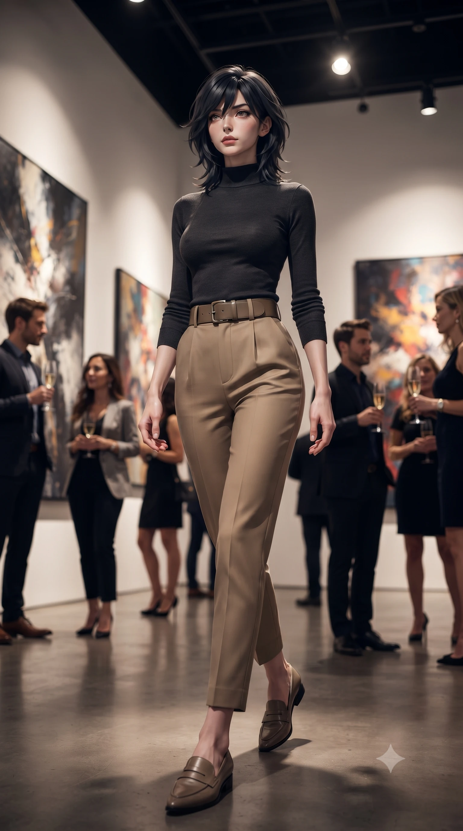 score_9, masterpiece, best quality, ultra-detailed, high-budget anime keyframe, editorial fashion photography, tasteful artistic composition, Caucasian woman, strictly human ears. low angle full-body shot from head to toe showing her feet, filling the entire 9:16 vertical frame with her statuesque presence, stretching her vertical silhouette. threading her way through a prestigious contemporary art gallery on opening night with stark white walls displaying dramatic large-scale paintings elegant guests visible in soft focus and champagne flutes catching focused gallery lighting. She has a statuesque 8.5-heads proportion, an exceptionally tall, slender and willowy model-like build with impossibly long legs and a highly sculpted ultra-slim waist. sharp v-shaped jawline, high-bridge nose, intricate jewel-like eyes with depth, thick eyelashes, glossy lips with a natural sheen. wearing a fitted mock-neck jersey top in charcoal, tucked into high-waisted tailored khaki trousers with a wide belt. precise museum-grade spotlights illuminating artwork with warm pools of light creating a sophisticated gallery atmosphere against white walls with soft ambient party lighting. 2k, ultra detail, master piece, 9:16 ratio