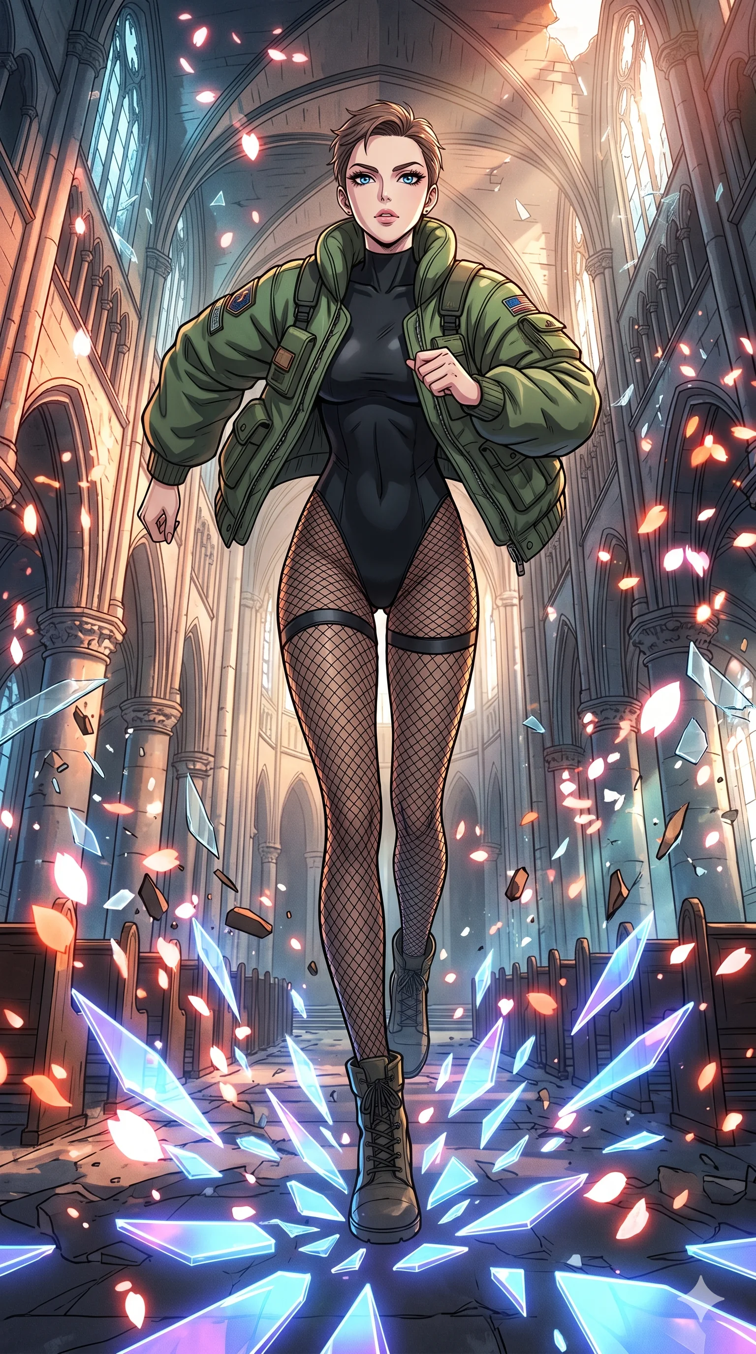 score_9, masterpiece, best quality, ultra-detailed, Set A: High-budget Anime Keyframe, Caucasian (strictly human ears) woman. Low angle cowboy shot filling the entire 9:16 frame with her statuesque presence. Sprinting through a shattered glass cathedral, as the ground beneath her turns into 21 shards of light and surrounded by digital sakura petals. She has an absolutely perfect 8-heads proportion, an exceptionally tall and slender female figure with impossibly long slender legs and an ultra-slim waist. Sharp v-shaped jawline, high-bridge nose, intricate jewel-like eyes with depth, thick eyelashes, glossy lips with a natural sheen. Wearing Heavy tactical bomber jacket worn over a micro-bodysuit with mesh stockings. Cinematic lighting, vibrant colors, dramatic shadows, 2k, ultra detail, master piece, 9:16 ratio