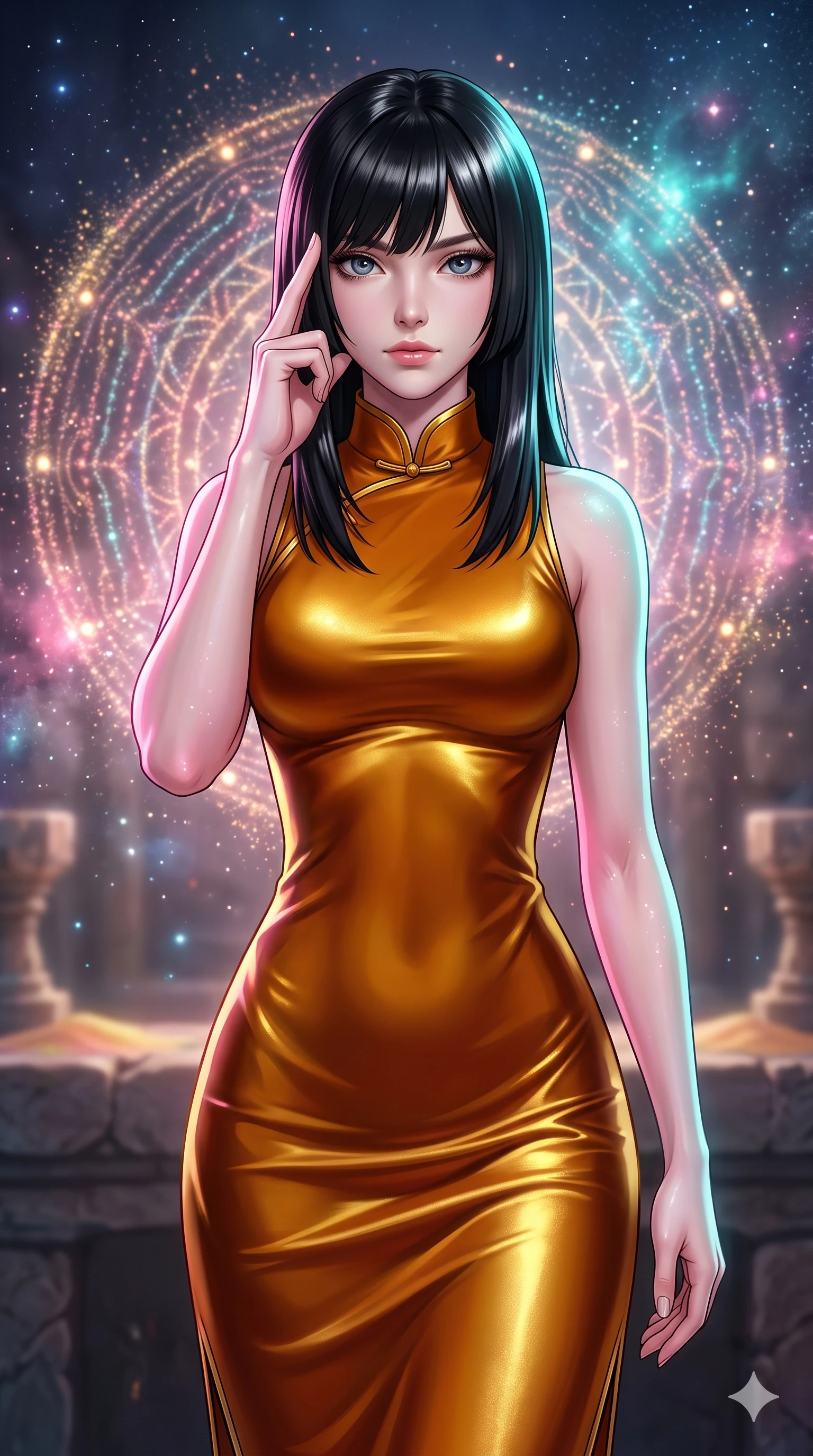 score_9, masterpiece, best quality, ultra-detailed, high-budget anime keyframe, editorial fashion photography, tasteful artistic composition, Caucasian woman, strictly human ears. close-up cowboy shot from the waist and thighs up, the character dominates the composition, filling the frame with her large presence, background elements kept in soft focus. Pressing two fingers to her temple in a composed thoughtful gesture. set against a soft-focus background of an ancient stone altar where millions of glowing colored sand particles levitate and slowly arrange themselves into an impossibly intricate mandala pattern radiating outward in concentric circles. She has an exceptionally elegant and slender, willowy female figure with an ultra-slim waist, a gracefully sculpted slender torso, and a refined slim physique. sharp v-shaped jawline, high-bridge nose, intricate jewel-like eyes with depth, thick eyelashes, glossy lips with a natural sheen. wearing a form-contouring qipao-inspired midi dress in liquid amber silk with a mandarin collar, the heavy fabric catching gold reflections along her curves. starlight and nebula glow casting soft cosmic pink and cyan highlights on her form. 2k, ultra detail, master piece, 9:16 ratio