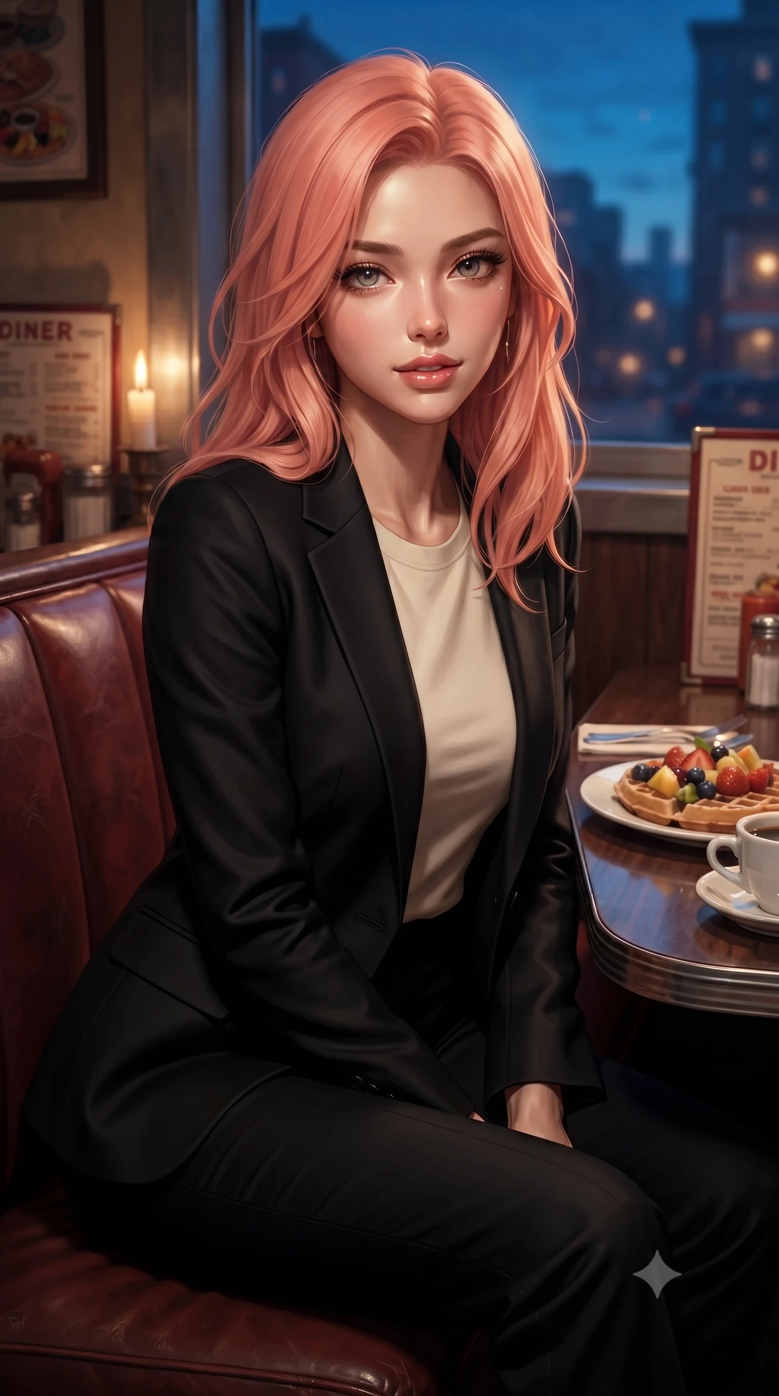 score_9, masterpiece, best quality, ultra-detailed, high-budget anime keyframe, editorial fashion photography, tasteful artistic composition, Japanese woman. close-up cowboy shot from the waist and thighs up, the character dominates the composition, filling the frame with her large presence, background elements kept in soft focus. gazing at the camera with a smoldering, magnetic half-smile, softly parting her glossy lips set against a soft-focus background of in a cozy traditional diner corner with leather booths and vintage menus with a plate of fresh fruit waffles and a cup of coffee on the table. She has an exceptionally elegant, slender, and willowy female figure with an ultra-slim waist, a gracefully sculpted slender torso, and a refined silhouette. sharp v-shaped jawline, high-bridge nose, intricate jewel-like eyes with depth, thick eyelashes, glossy lips with a natural sheen. wearing tailored classic tailored blazer in black, worn over a simple cream tee and tailored pants. soft candle light clashing with the cool blue city twilight sky outside. ultra-reflective glossy finish, specular highlights, metallic sheen, high-contrast stereoscopic depth, volumetric dynamic lighting, 2k, ultra detail, master piece, 9:16 ratio