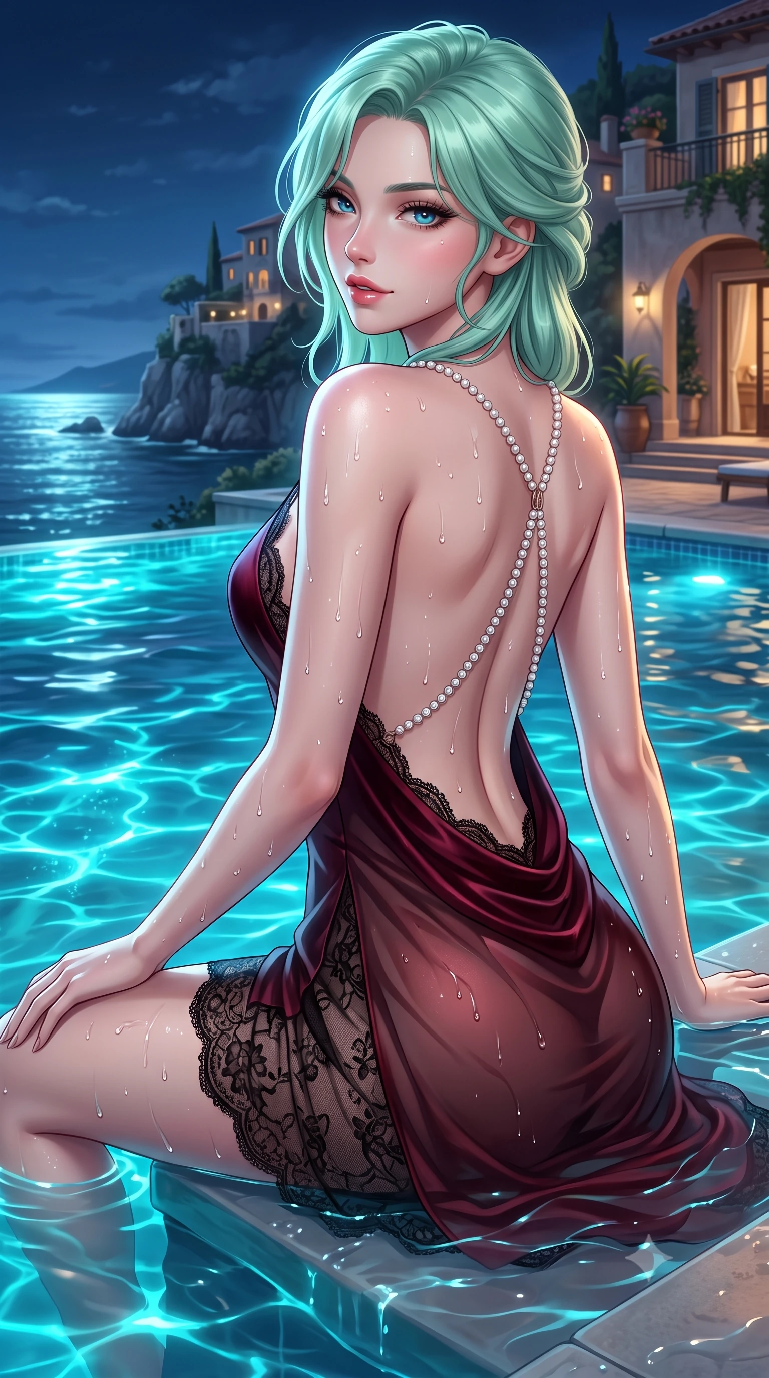 score_9, masterpiece, best quality, ultra-detailed, high-budget anime keyframe, semi-realistic 3D game render, editorial fashion photography, tasteful artistic composition, Japanese woman. close-up cowboy shot from the waist and thighs up, the character dominates the composition, filling the frame with her large presence. posing in an alluring rear three-quarter angle, looking over a bare shoulder with parted glossy lips, her hips cocked back to highlight her slim hourglass curve while lounging on the submerged pool tanning shelf propped on one elbow, her flat midriff and long slender limbs commanding the moonlit coastal vista. The surrounding environment is rendered in vivid detail and crisp panoramic clarity: detailed wet fabric weave, glistening water drops on skin, and cliffside architecture in high resolution. She has an exceptionally elegant, slender, and willowy female figure with an ultra-slim waist, flat toned midriff, narrow ribcage, and sculpted feminine hips creating an alluring, slim hourglass silhouette without bulk. sharp v-shaped jawline, high-bridge nose, sparkling eyes with hypnotic seductive depth, thick curled eyelashes, glossy parted lips with a natural dewy peach sheen, alluring bedroom-eyes with an enchanting coquettish smile, exuding magnetic siren charisma and sophisticated high-fashion glamour, flawlessly proportioned anatomical accuracy, strict slender model proportions, natural body alignment, perfectly sculpted long slender limbs, ultra-slim waistline, clean dynamic posture without body distortion. wearing a low-cut draped cowl-back satin slip mini dress with dainty pearl spaghetti straps in deep bordeaux velvet and delicate black chantilly, made of sheer gossamer chiffon that drapes softly against skin with airy translucence, accented with a pearl-drop body harness subtly framing her dewy collarbones and spine, the precision-cut side openings and low-back scoop framing her graceful spine and the sensual sweep of her slim, toned hips. bathed in eerie glowing cyan bioluminescence from the water mixed with warm villa patio lighting. highly saturated vibrant anime colors, detailed shading with soft gradients, rich glossy textures, high-contrast stereoscopic depth, volumetric dynamic lighting, master piece, 9:16 ratio
