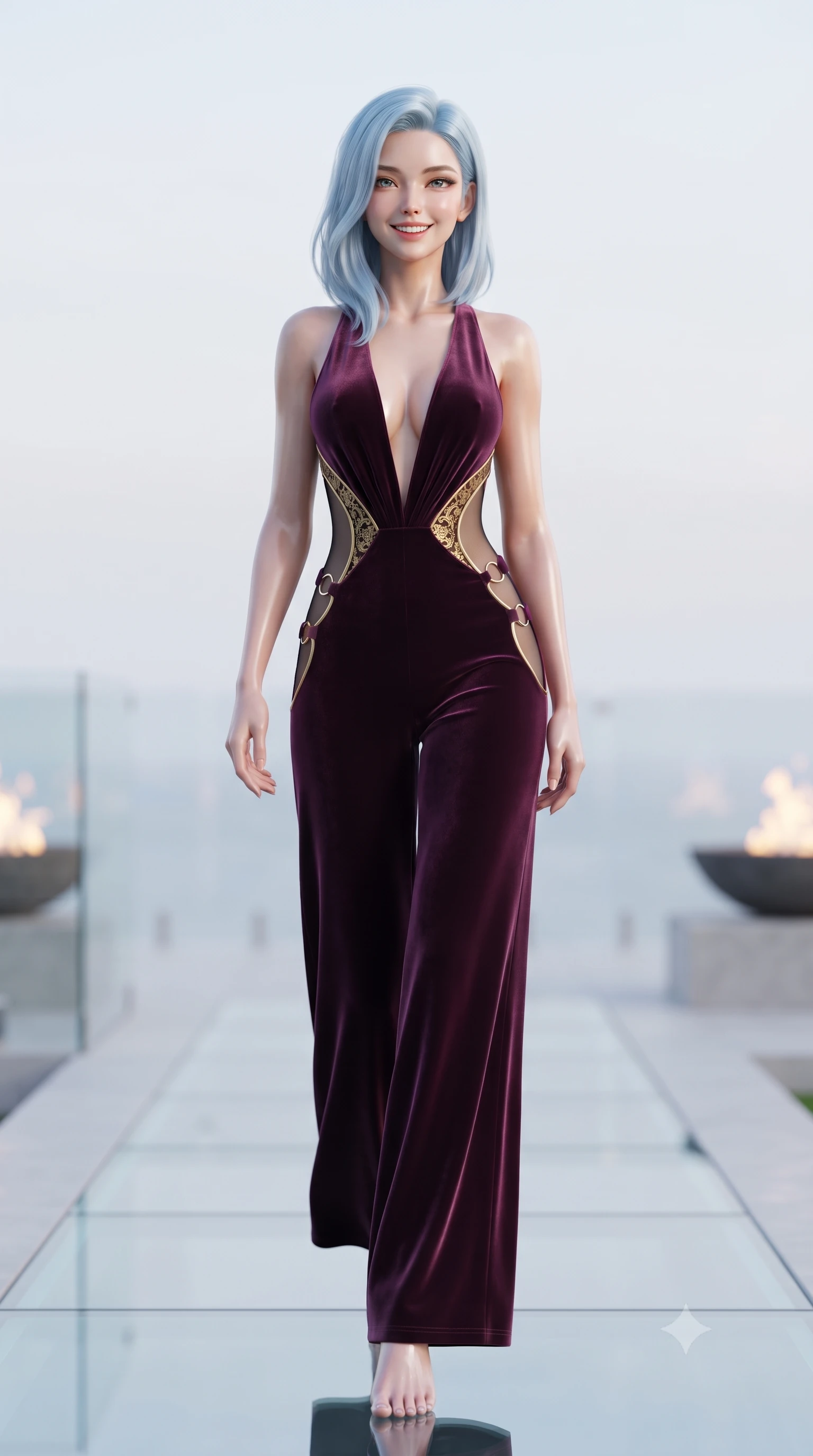score_9, masterpiece, best quality, ultra-detailed, high-budget anime keyframe, editorial fashion photography, tasteful artistic composition, Korean woman. low angle full-body shot from head to toe showing her feet, filling the entire 9:16 vertical frame with her statuesque presence, stretching her vertical silhouette. stepping slowly toward the camera with hypnotic grace, hips swaying in an alluring sensual rhythm that accentuates her curvy hourglass silhouette and long slender legs while lounging on the circular outdoor daybed propped on one elbow, displaying her long slender limbs and statuesque hourglass silhouette. The background shows a soft-focus minimalist outdoor fire bowls softened in private island billionaire glamour shallow focus. She has an exceptionally tall and slender model-like 8.5-heads proportion, an ultra-slim waist, a flat toned midriff, narrow delicate ribcage, and beautifully sculpted feminine hips creating a graceful, slim hourglass silhouette without any bulky heaviness, with impossibly long slender legs. sharp v-shaped jawline, high-bridge nose, intricate jewel-like sparkling eyes with depth, thick eyelashes, glossy parted lips with a natural peach sheen, bright cheerful beaming smile with an enchanting and coquettish sensual glint, exuding both youthful cute charm and seductive allure, flawlessly proportioned anatomical accuracy, strict slender model proportions, natural body alignment, perfectly sculpted long slender limbs, ultra-slim waistline, clean dynamic posture without body distortion. wearing a backless plunge-front silk satin jumpsuit with fluid wide-leg silhouette and daring side hip cutouts in opulent dark velvet plum and gilded filigree, made of semi-opaque stretch illusion mesh with soft shadowy contours along her waist, finished with fine gold ring clasps securing the daring side openings along her hip line, the precision-cut side openings and low-back scoop framing her graceful spine and the sensual sweep of her slim, toned hips. illuminated by glass floor upward bounce and sharp platinum-cyan rim lights defining her jawline, flat midriff, and feminine hips. ultra-reflective glossy finish, specular highlights, rich textural contrasts, high-contrast stereoscopic depth, volumetric dynamic lighting, 2k, ultra detail, master piece, 9:16 ratio