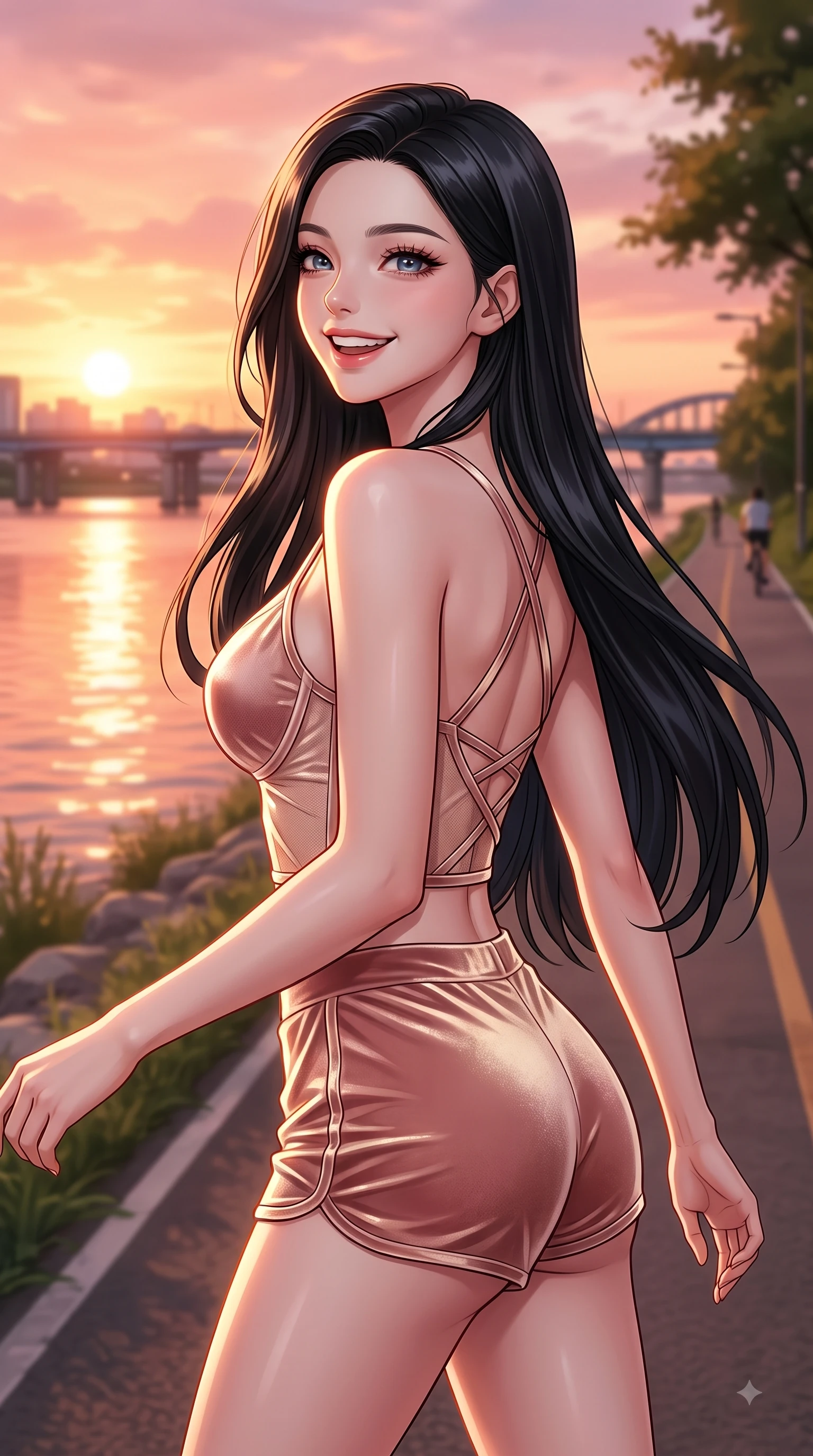 score_9, masterpiece, best quality, ultra-detailed, high-budget anime keyframe, editorial fashion photography, tasteful artistic composition, Korean woman. close-up cowboy shot from the waist and thighs up, the character dominates the composition, filling the frame with her large presence, background elements kept in soft focus. Radiant youthful grin reflecting college charm while casting a playful, joyful side-gaze with heavy lashes while pivoting in a happy stride along a riverside cycling path as golden sunset light paints the sky, warm rose-gold and amber sunset light reflecting off calm river waters and city bridges. She has an exceptionally elegant, slender, and willowy female figure with an ultra-slim waist, a gracefully sculpted slender torso, and a refined silhouette. sharp v-shaped jawline, high-bridge nose, intricate jewel-like eyes with depth, thick eyelashes, glossy lips with a natural sheen, flawlessly proportioned anatomical accuracy, natural body alignment, perfectly sculpted elegant limbs, clean dynamic posture without body distortion. wearing a delicate see-through mesh top with structured cup boning and micro-shorts in dusty rose and champagne gold, made of premium stretch velvet with a rich sheen, complemented by criss-cross back straps highlighting her bare shoulders, the sleek second-skin texture accentuating her magnetic presence. illuminated by soft glowing sunset reflections with cheerful golden rim lights. highly saturated vibrant anime colors, detailed shading with soft gradients, rich glossy textures, high-contrast stereoscopic depth, volumetric dynamic lighting, master piece, 9:16 ratio