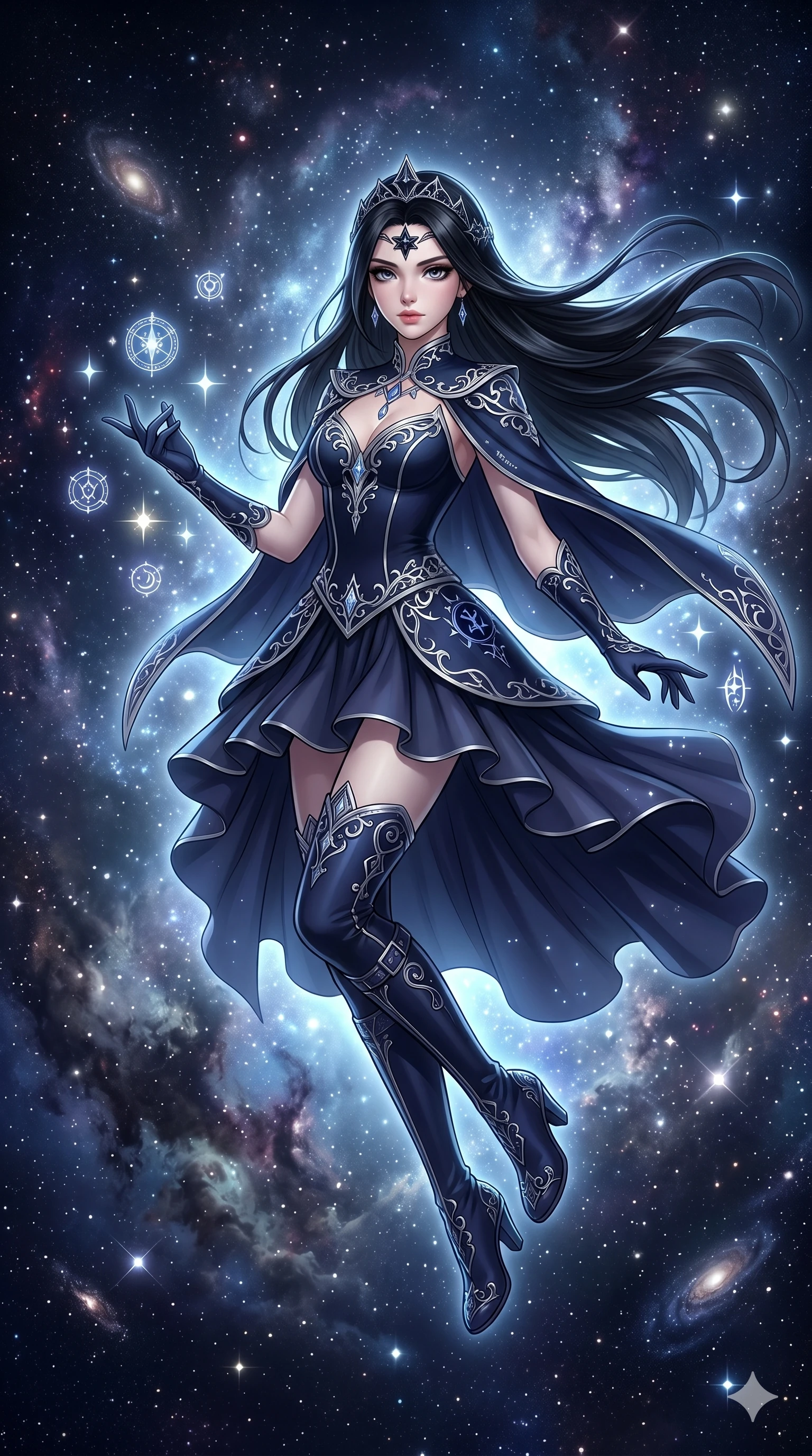 score_9, score_8_up, score_7_up, source_anime, masterpiece, best quality, ultra-detailed, same character with long black hair, wearing a magical girl outfit with dark navy and silver accents, floating in a starry nebula space background, glowing aura, 2k, ultra detail, master piece, 9:16 ratio