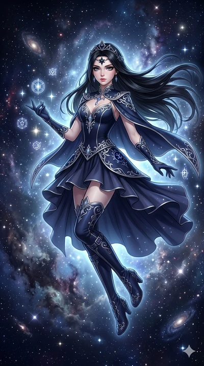 score_9, score_8_up, score_7_up, source_anime, masterpiece, best quality, ultra-detailed, same character with long black hair, wearing a magical girl outfit with dark navy and silver accents, floating in a starry nebula space background, glowing aura