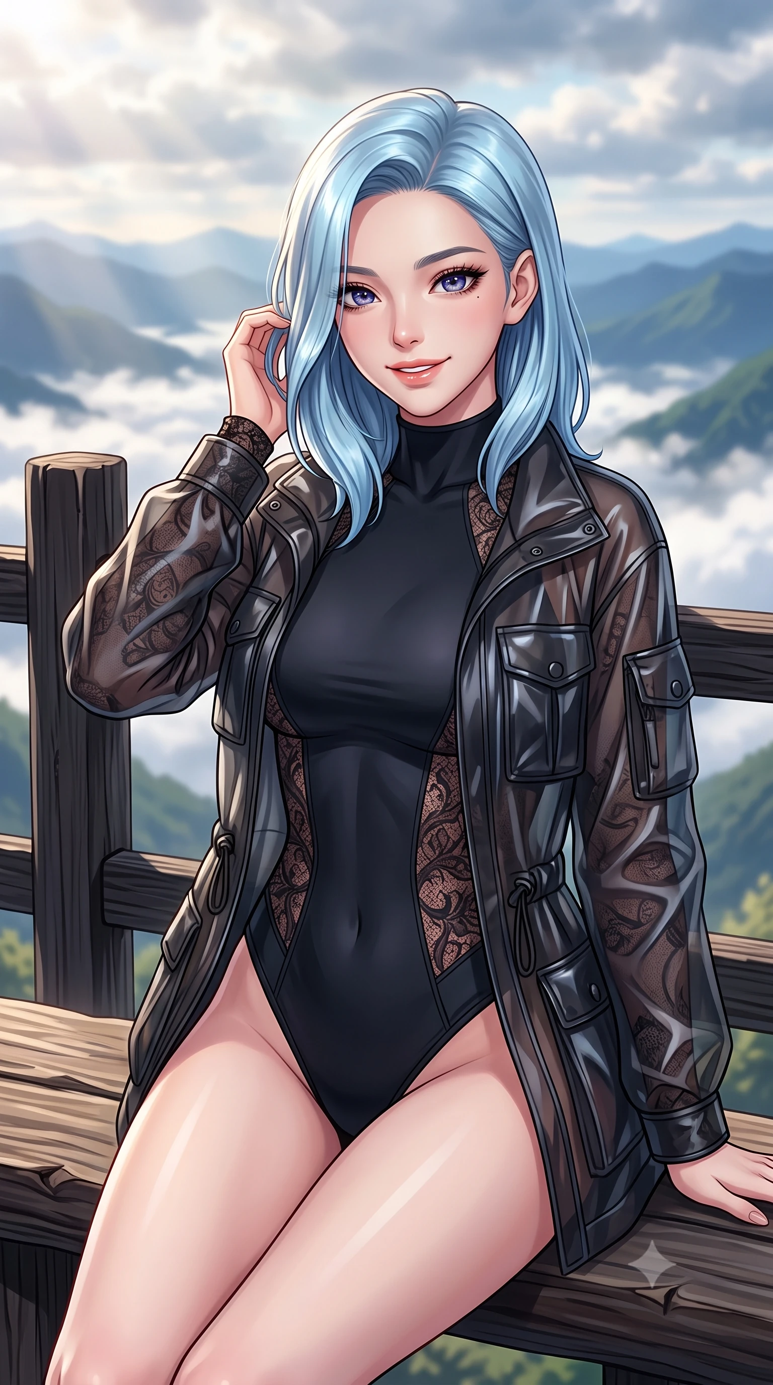 score_9, masterpiece, best quality, ultra-detailed, high-budget anime keyframe, editorial fashion photography, tasteful artistic composition, Korean woman. close-up cowboy shot from the waist and thighs up, the character dominates the composition, filling the frame with her large presence, background elements kept in soft focus. smiling cutely while gently brushing a strand of hair behind her ear set against a soft-focus background of sitting on a rustic log bench overlooking a panoramic mountain valley resting on a wooden fence with a view of the distant clouds below. She has an exceptionally elegant, slender, and willowy female figure with an ultra-slim waist, a gracefully sculpted slender torso, and a refined silhouette. sharp v-shaped jawline, high-bridge nose, intricate jewel-like eyes with depth, thick eyelashes, glossy lips with a natural sheen. wearing tailored sleek bodysuit featuring fine dark lace pattern details and a sheer utility jacket. soft afternoon sunbeams filtering through passing white mountain clouds. highly saturated vibrant anime colors, detailed shading with soft gradients, rich glossy textures, high-contrast stereoscopic depth, volumetric dynamic lighting, master piece, 9:16 ratio