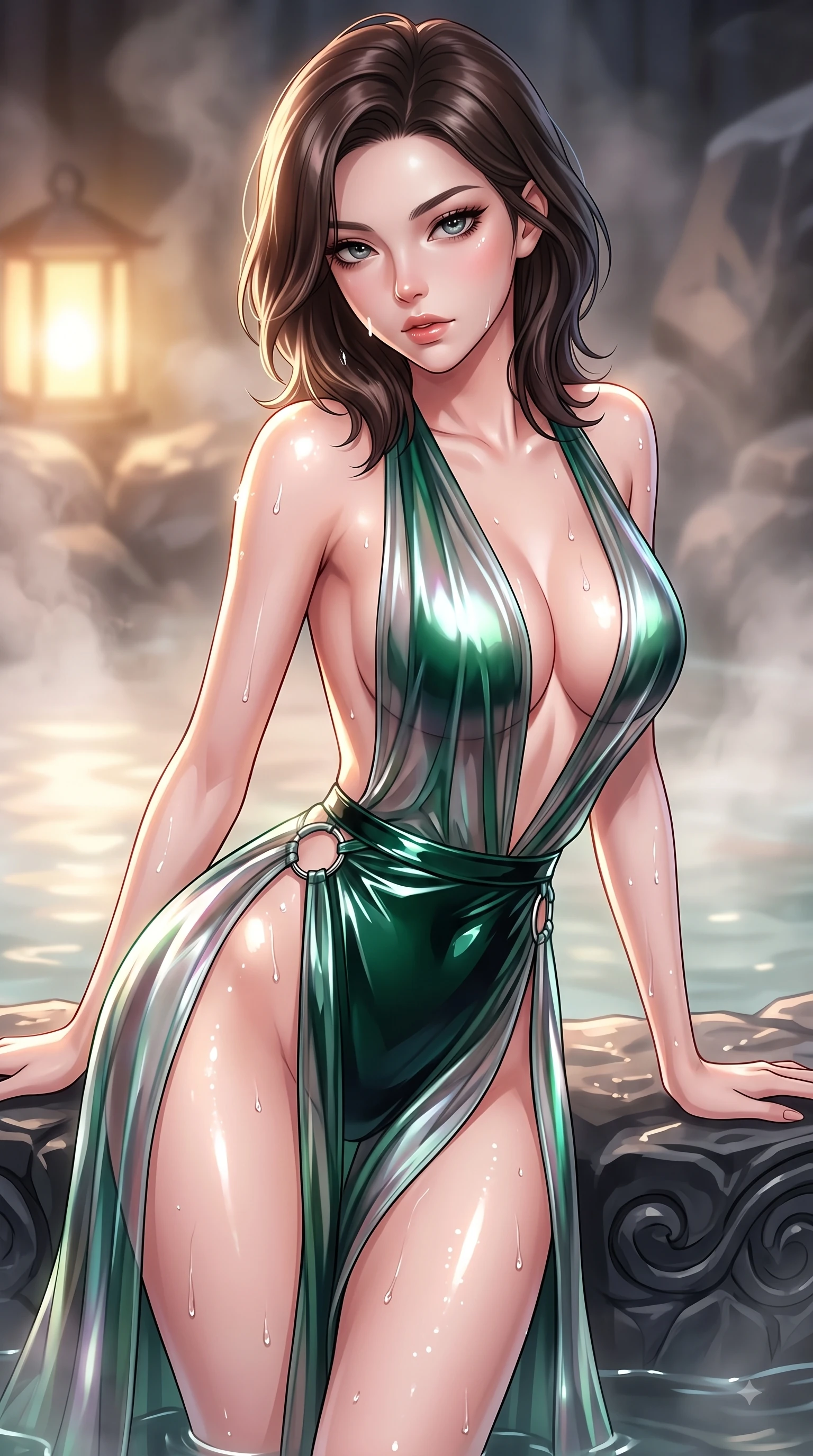 score_9, masterpiece, best quality, ultra-detailed, high-budget anime keyframe, editorial fashion photography, tasteful artistic composition, Korean woman. close-up cowboy shot from the waist and thighs up, the character dominates the composition, filling the frame with her large presence, background elements kept in soft focus. Leaning forward gracefully with lips parted, casting a smoldering magnetic gaze directly into the lens while resting gracefully against a carved obsidian basalt rock edge in a private thermal hot spring, water droplets glistening on her skin and clothing with brilliant specular highlights. She has an exceptionally elegant, slender, and willowy female figure with an ultra-slim waist, a gracefully sculpted slender torso, and a refined silhouette. sharp v-shaped jawline, high-bridge nose, intricate jewel-like eyes with depth, thick eyelashes, glossy lips with a natural sheen, flawlessly proportioned anatomical accuracy, natural body alignment, perfectly sculpted elegant limbs, clean dynamic posture without body distortion. wearing a translucent iridescent chiffon gown with a plunging neckline and open back in deep emerald green and silver accent, tailored from high-gloss patent leather, accented with delicate chrome ring hardware framing her waist, the sleek second-skin texture accentuating her magnetic presence. bathed in soft warm lantern light filtered through gentle thermal steam. highly saturated vibrant anime colors, detailed shading with soft gradients, rich glossy textures, high-contrast stereoscopic depth, volumetric dynamic lighting, master piece, 9:16 ratio