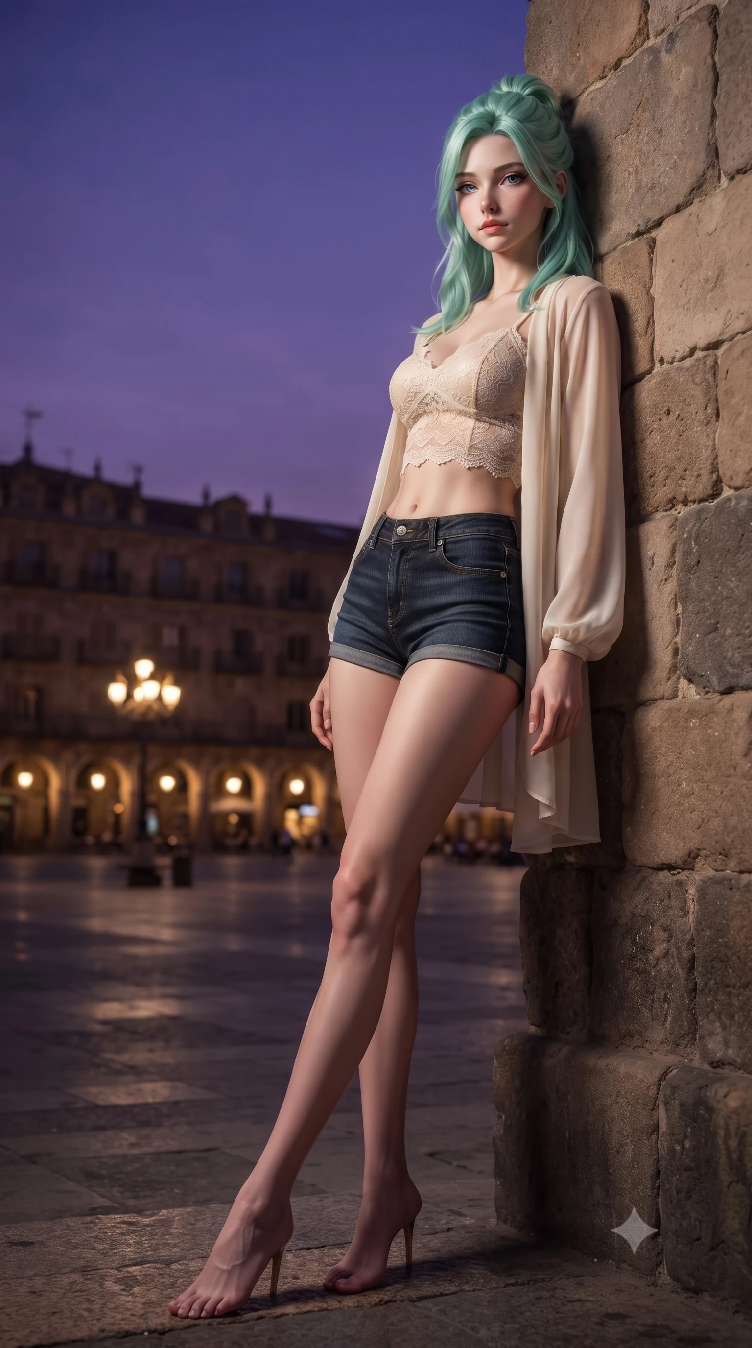 score_9, masterpiece, best quality, ultra-detailed, high-budget anime keyframe, editorial fashion photography, tasteful artistic composition, Japanese woman. low angle full-body shot from head to toe showing her feet, filling the entire 9:16 vertical frame with her statuesque presence, stretching her vertical silhouette. leaning back against a rustic stone wall, casting a slow, alluring gaze at the camera the background shows a soft-focus a scenic terrace of an opera house overlooking a historic European city plaza at dusk. She has an absolutely perfect, statuesque 8.5-heads proportion, an exceptionally tall and slender model-like female figure with impossibly long slender legs and an ultra-slim waist. sharp v-shaped jawline, high-bridge nose, intricate jewel-like eyes with depth, thick eyelashes, glossy lips with a natural sheen. wearing a tailored delicate lace crop top in cream, worn under a semi-opaque chiffon cardigan and denim shorts. deep violet twilight sky glow contrasting with the warm lights of the streetlamps. ultra-reflective glossy finish, specular highlights, metallic sheen, high-contrast stereoscopic depth, volumetric dynamic lighting, 2k, ultra detail, master piece, 9:16 ratio