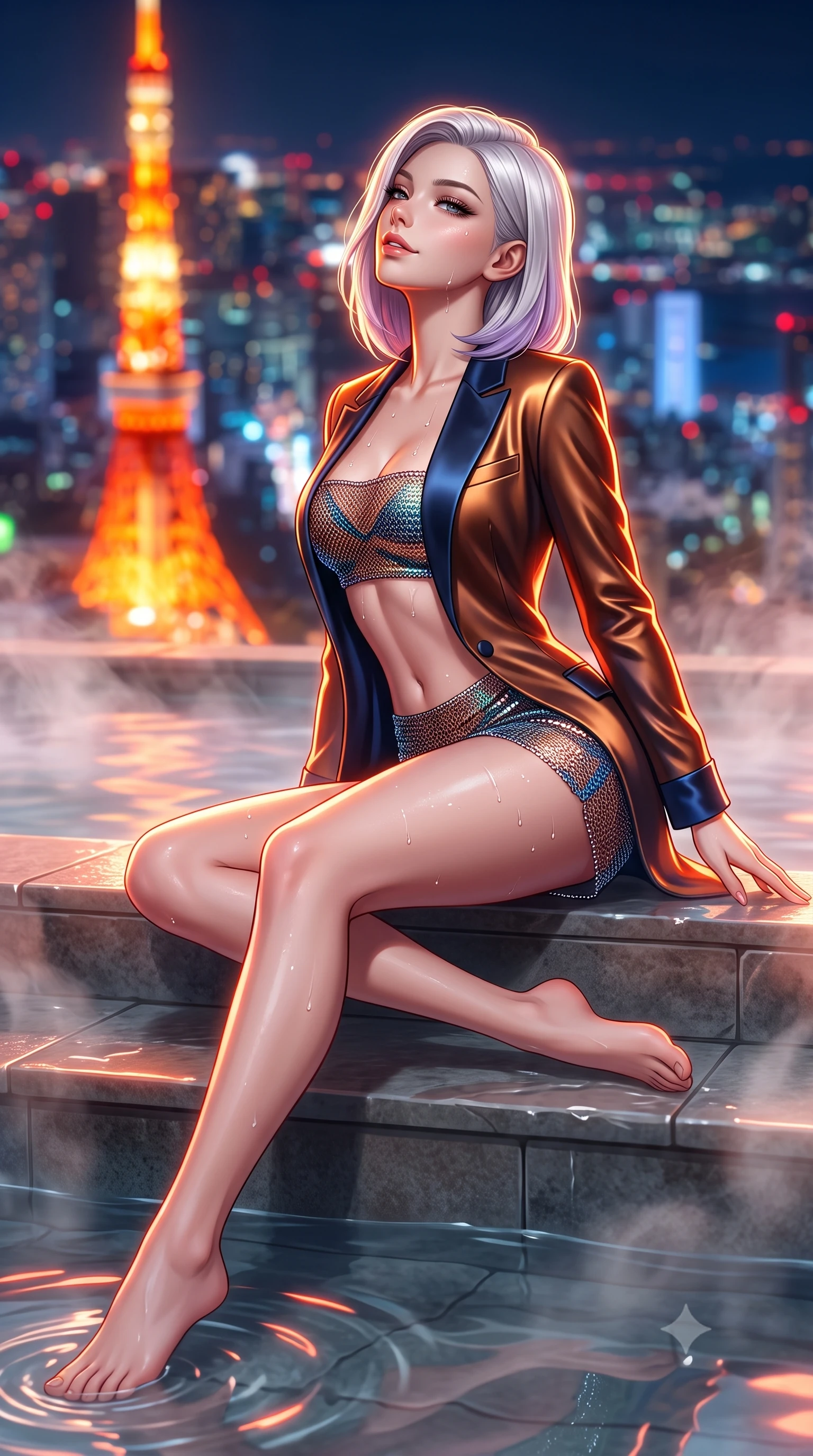 score_9, masterpiece, best quality, ultra-detailed, high-budget anime keyframe, semi-realistic 3D game render, editorial fashion photography, tasteful artistic composition, Caucasian woman. low angle full-body shot from head to toe showing her feet, filling the entire 9:16 vertical frame with her statuesque presence, stretching her vertical silhouette. sitting poised on the stone steps with one knee bent, arching her spine with supermodel elegance as she glances upward through thick eyelashes while twisting her slender torso in an alluring S-curve, warm hot spring water ripples and red-orange tower lights tracing her narrow waist and curvy hips. The background shows a soft-focus blazing orange-and-white Tokyo Tower glowing nearby, infinite grid of metropolis neon lights, and swirling hot spring steam blurred into vermilion, sapphire, and amber bokeh. She has an absolutely perfect, statuesque 8.5-heads proportion, an exceptionally tall and slender model-like female figure with impossibly long slender legs, an ultra-slim waist, a flat toned midriff, narrow delicate ribcage, and beautifully sculpted feminine hips creating a graceful, slim hourglass silhouette without any bulky heaviness. sharp v-shaped jawline, high-bridge nose, sparkling eyes with hypnotic seductive depth, thick curled eyelashes, glossy parted lips with a natural dewy peach sheen, alluring bedroom-eyes with an enchanting coquettish smile, exuding magnetic siren charisma and sophisticated glamour, flawlessly proportioned anatomical accuracy, strict slender model proportions, natural body alignment, perfectly sculpted long slender limbs, ultra-slim waistline, clean dynamic posture without body distortion. wearing a tailored open-front satin smoking jacket worn over a jewel-embellished bandeau and micro-shorts in molten liquid bronze and deep sapphire navy, crafted from shimmering fluid chainmail mesh reflecting ambient lights, finished with glistening drops of hot spring water beading across her sculpted shoulders and collarbones, the glove-like clinging cut tightly following the natural contour of her hips and long slender legs with youthful 8.5-heads elegance. illuminated by steam cloud light scatter and sharp electric-amber rim lights sculpting her jawline, flat midriff, and voluptuous hip curves. highly saturated vibrant anime colors, detailed shading with soft gradients, rich glossy textures, high-contrast stereoscopic depth, volumetric dynamic lighting, master piece, 9:16 ratio
