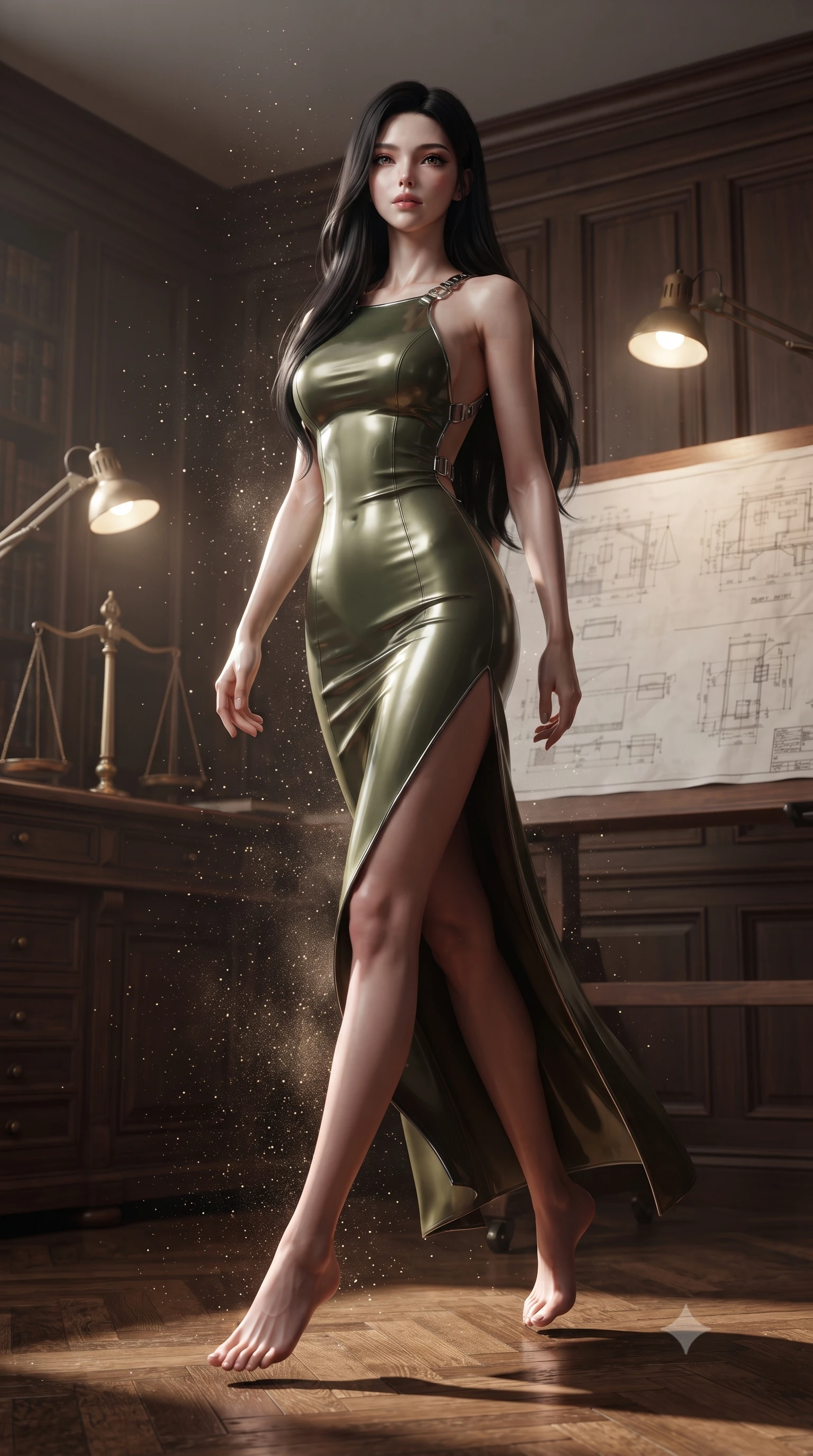 score_9, masterpiece, best quality, ultra-detailed, high-budget anime keyframe, editorial fashion photography, tasteful artistic composition, Korean woman. low angle full-body shot from head to toe showing her feet, filling the entire 9:16 vertical frame with her statuesque presence, stretching her vertical silhouette. stepping gracefully through floating stardust particles, her body-contouring suit showing her athletic, slender silhouette, the background shows a soft-focus a foundry library room with wood panels, brass scales, and technical blue prints. She has an absolutely perfect, statuesque 8.5-heads proportion, an exceptionally tall and slender model-like female figure with impossibly long slender legs and an ultra-slim waist. sharp v-shaped jawline, high-bridge nose, intricate jewel-like eyes with depth, thick eyelashes, glossy lips with a natural sheen. wearing a body-hugging dramatic open-back maxi combat dress in olive green, featuring a high thigh slit and chrome straps. soft warm glow from reading lamps creating a quiet and meditative mood. ultra-reflective glossy finish, specular highlights, metallic sheen, high-contrast stereoscopic depth, volumetric dynamic lighting, 2k, ultra detail, master piece, 9:16 ratio