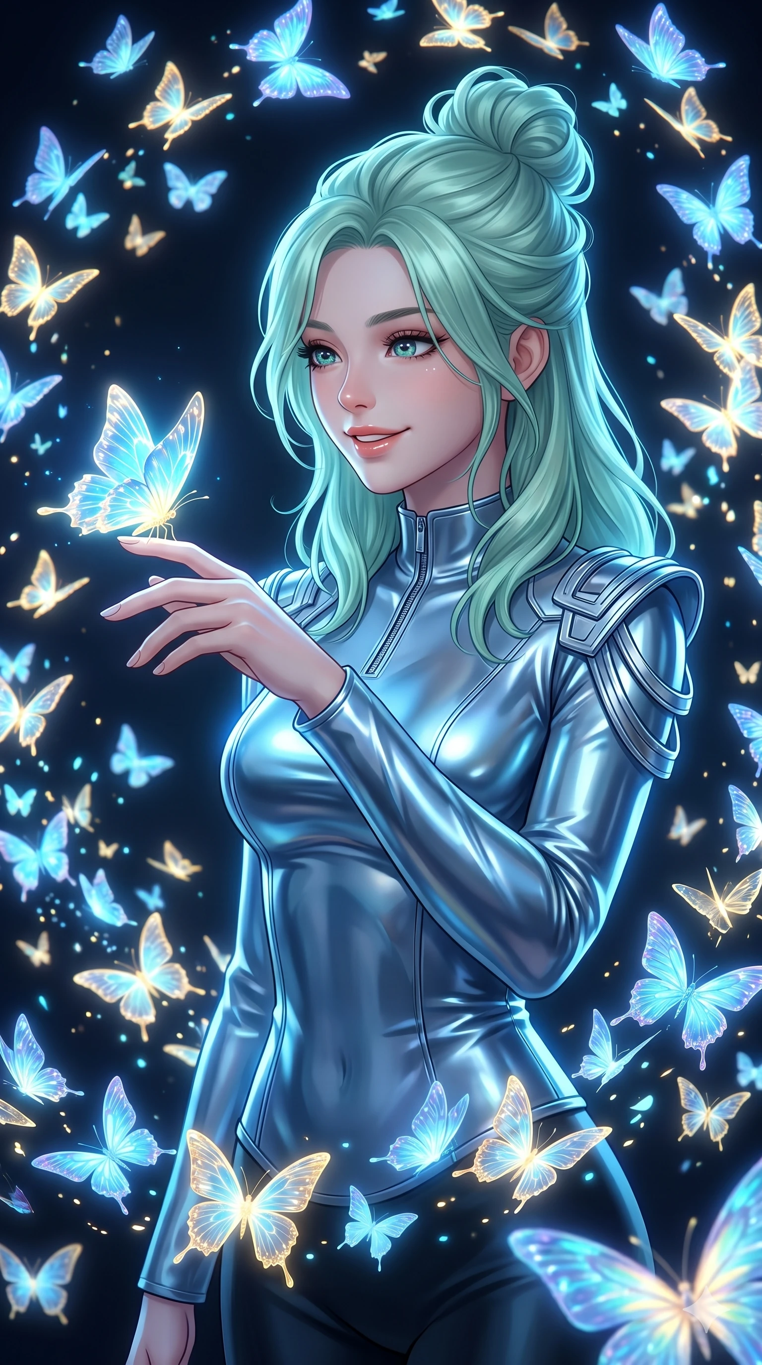 score_9, masterpiece, best quality, ultra-detailed, high-budget anime keyframe, Japanese woman. Upper body close-up from the thighs up, character filling the screen for maximum presence. She is surrounded by thousands of glowing digital butterflies that orbit her body. She reaches out to let one land on her finger, looking at it with a soft, captivating smile. She has an absolutely perfect 8-heads proportion, a tall and elegant figure with a refined silhouette and a defined waistline. V-shaped jawline, high-bridge nose, intricate jewel-like eyes with depth, thick eyelashes, glossy lips with a natural sheen. She is wearing a sleek tailored top in liquid-chrome finish that complements her silhouette, styled with sophisticated architectural shoulder accents and a modern zip collar. The scene is lit by brilliant blue and gold light from the butterflies and a sharp side key light. 2k, ultra detail, master piece, 9:16 ratio