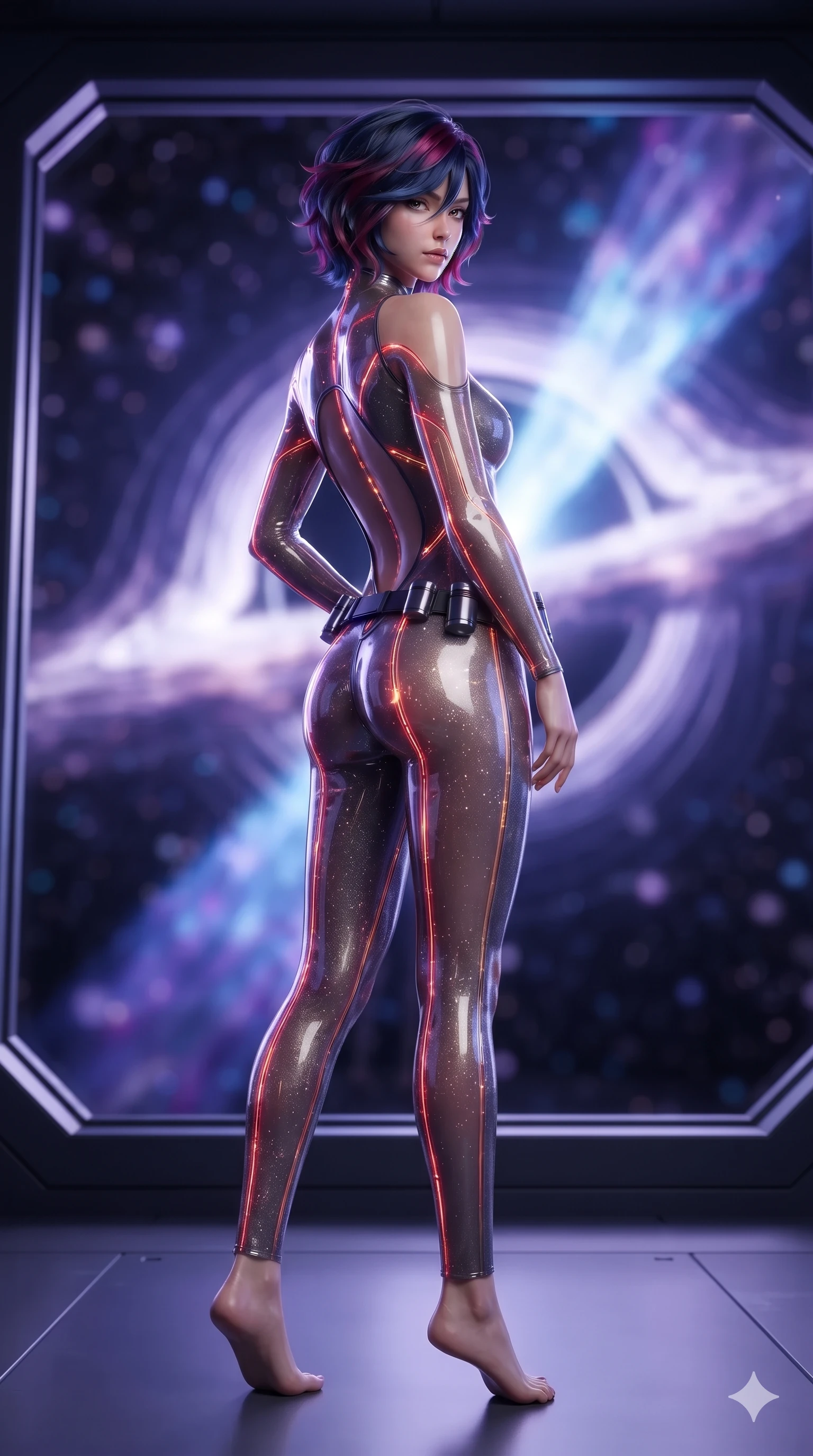 score_9, masterpiece, best quality, ultra-detailed, high-budget anime keyframe, editorial fashion photography, tasteful artistic composition, Korean woman. low angle full-body shot from head to toe showing her feet, filling the entire 9:16 vertical frame with her statuesque presence, stretching her vertical silhouette. posing in a classic haute-couture S-curve stance beside the panoramic viewport, looking over a bare shoulder with magnetic presence while standing poised on the panoramic observation gantry, arching her lower back with sovereign supermodel poise as a collimated relativistic plasma jet erupts from the singularity core. The background shows a soft-focus collimated relativistic plasma jet plumes, dark silhouette of the black hole shadow, and swirling magnetic flux lines blurred into violet, electric blue, and pitch-black bokeh. She has an absolutely perfect, statuesque 8.5-heads proportion, an exceptionally tall and slender model-like female figure with impossibly long slender legs, an ultra-slim waist, a flat toned midriff, narrow delicate ribcage, and beautifully sculpted feminine hips creating a graceful, slim hourglass silhouette without any bulky heaviness. sharp v-shaped jawline, high-bridge nose, intricate jewel-like sparkling eyes with depth, thick eyelashes, glossy parted lips with a natural sheen, bright confident smile with an enchanting and coquettish sensual glint, exuding both youthful magnetic charm and sovereign high-tech allure, flawlessly proportioned anatomical accuracy, strict slender model proportions, natural body alignment, perfectly sculpted long slender limbs, ultra-slim waistline, clean dynamic posture without body distortion. wearing a translucent high-gloss polymer flight suit with internal luminescent wire filigree and tailored waist cinching in relativistic crimson and blazing accretion gold, woven from stretch metallic lurex jersey casting radiant starlight glints across her curves, accented with a sleek utility belt with polished magnetic canisters resting loosely on her curvy hips, the precision-cut side openings and low-back scoop framing her graceful spine and the sensual sweep of her slim, toned hips. illuminated by window reflections and sharp violet-platinum rim lights sculpting her razor-sharp jawline, narrow waist, and curvy hips. ultra-reflective glossy finish, specular highlights, rich textural contrasts, high-contrast stereoscopic depth, volumetric dynamic lighting, 2k, ultra detail, master piece, 9:16 ratio