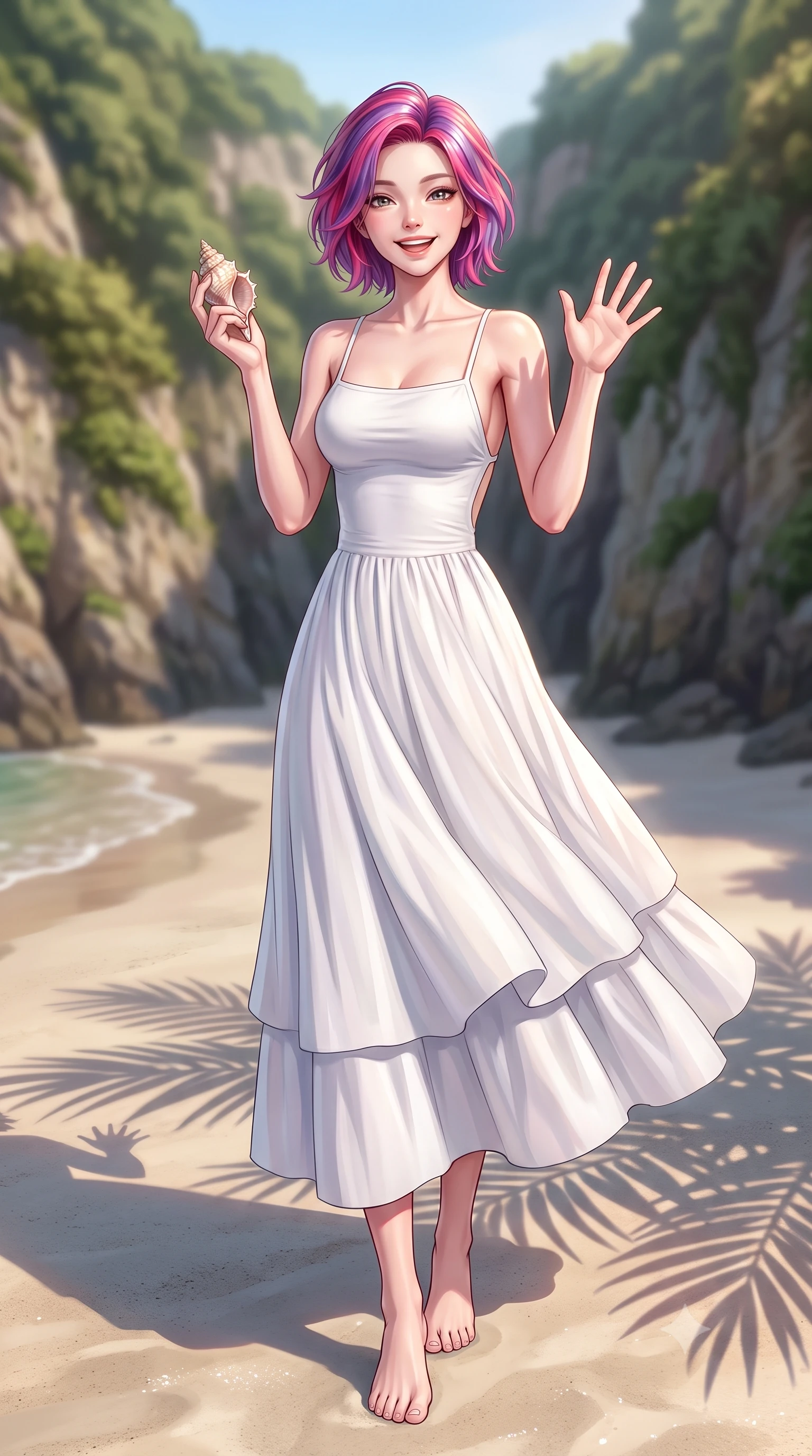 score_9, masterpiece, best quality, ultra-detailed, high-budget anime keyframe, editorial fashion photography, tasteful artistic composition, Caucasian woman. low angle full-body shot from head to toe showing her feet, filling the entire 9:16 vertical frame with her statuesque presence, stretching her vertical silhouette. standing with a cute, bright pose, tilting her head with a beaming smile set against a soft-focus background of in a quiet sandy beach cove surrounded by tall cliffs and green shrubs holding a small seashell with a happy, delighted smile. She has an absolutely perfect, statuesque 8.5-heads proportion, an exceptionally tall and slender model-like female figure with impossibly long slender legs and an ultra-slim waist. sharp v-shaped jawline, high-bridge nose, intricate jewel-like eyes with depth, thick eyelashes, glossy lips with a natural sheen. wearing body-hugging backless cotton sundress in white, featuring delicate straps and a long flowing skirt. soft late afternoon sunbeams casting long shadows of palm leaves on the sand. highly saturated vibrant anime colors, detailed shading with soft gradients, rich glossy textures, high-contrast stereoscopic depth, volumetric dynamic lighting, master piece, 9:16 ratio