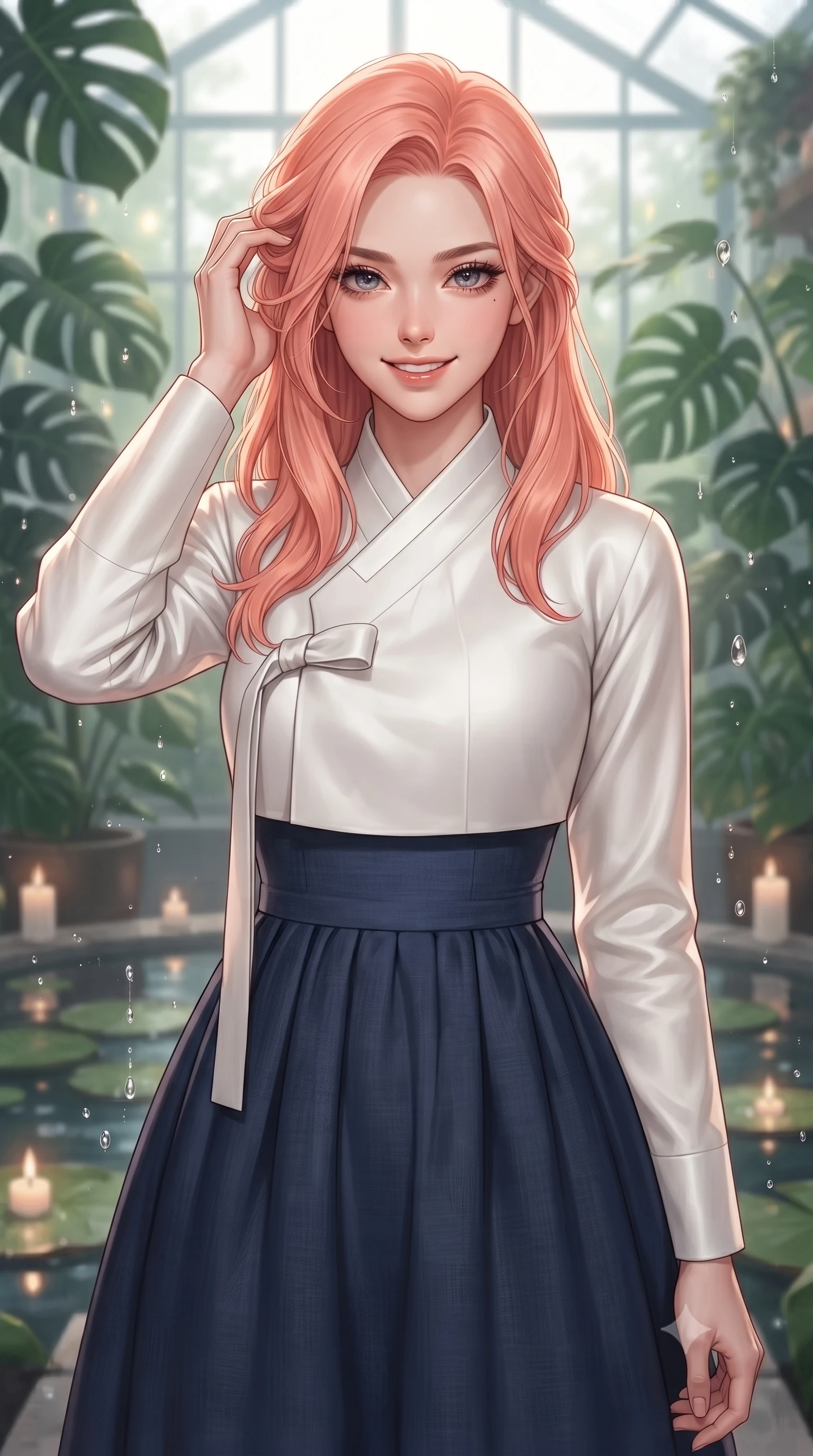score_9, masterpiece, best quality, ultra-detailed, high-budget anime keyframe, editorial fashion photography, tasteful artistic composition, Japanese woman. close-up cowboy shot from the waist and thighs up, the character dominates the composition, filling the frame with her large presence, background elements kept in soft focus. smiling with quiet, magnetic self-assurance directly into the camera, running a hand through her hair the background shows a soft-focus a modern greenhouse loft surrounded by rare Monstera plants and floating candlelit ponds. She has an exceptionally elegant, slender, and willowy female figure with an ultra-slim waist, a gracefully sculpted slender torso, and a refined silhouette. sharp v-shaped jawline, high-bridge nose, intricate jewel-like eyes with depth, thick eyelashes, glossy lips with a natural sheen. wearing a body-hugging modern fusion hanbok dress with a navy blue linen skirt and a high-neck white silk jeogori wrapper. soft flickering candle glow refracting through water droplets. ultra-reflective glossy finish, specular highlights, metallic sheen, high-contrast stereoscopic depth, volumetric dynamic lighting, 2k, ultra detail, master piece, 9:16 ratio