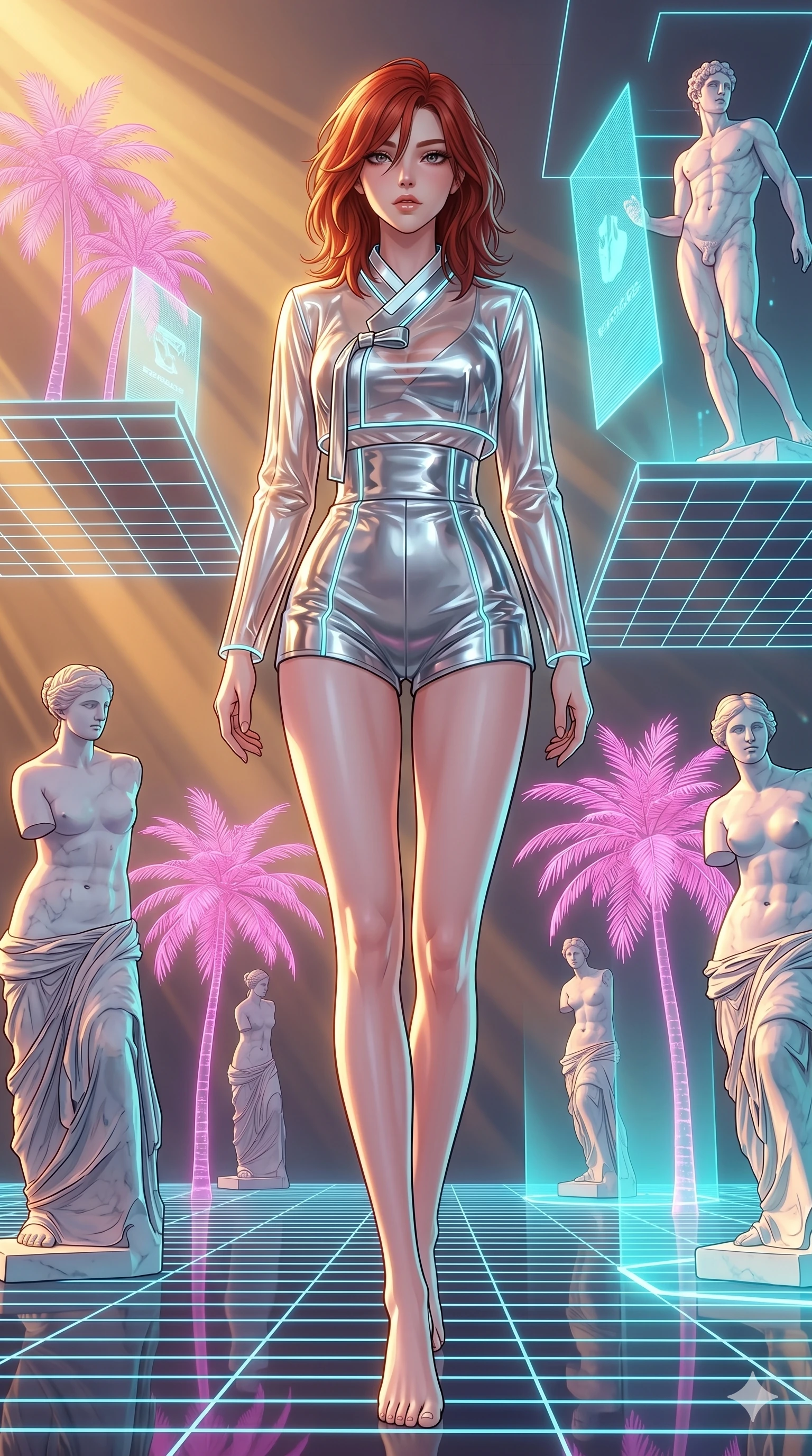 score_9, masterpiece, best quality, ultra-detailed, high-budget anime keyframe, Japanese woman. low angle full-body shot filling the entire 9:16 frame with her statuesque presence, stretching the vertical silhouette. drifting through a holographic vaporwave oasis with floating grid floors, lo-fi marble statues, and glowing pink palms. She has an absolutely perfect 8-heads proportion, an exceptionally tall and slender female figure with impossibly long slender legs and an ultra-slim waist. V-shaped jawline, high-bridge nose, intricate jewel-like eyes with depth, thick eyelashes, glossy lips with a natural sheen.. wearing a vinyl liquid mercury fusion hanbok, featuring a translucent chrome-silver vinyl jeogori and high-waist tailored mini shorts, detailed with glowing neon wire trims and a tasteful chest slit. showcasing a beautiful play of light and shadow, with warm golden rays clashing against cool cyan highlights. 2k, ultra detail, master piece, 9:16 ratio