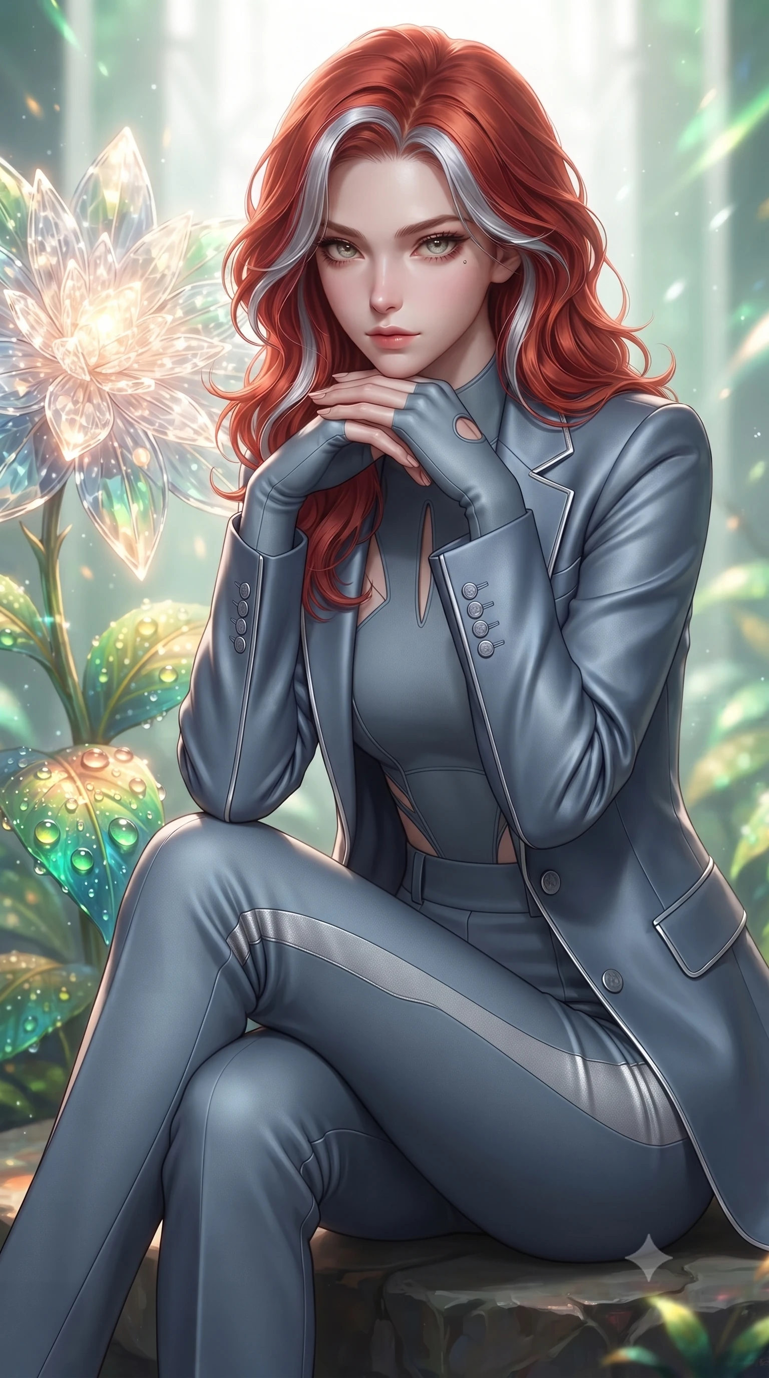score_9, masterpiece, best quality, ultra-detailed, high-budget anime keyframe, editorial fashion photography, tasteful artistic composition, Caucasian woman. close-up cowboy shot from the waist and thighs up, the character dominates the composition, filling the frame with her large presence, background elements kept in soft focus. Resting her chin on the backs of her fingers, casting a sharp, mysterious gaze resting near a giant solar-powered crystal flower emitting soft warm light, dewdrops on bioluminescent leaves reflecting vibrant emerald and gold. She has an exceptionally elegant, slender, and willowy female figure with an ultra-slim waist, a gracefully sculpted slender torso, and a refined silhouette. sharp v-shaped jawline, high-bridge nose, intricate jewel-like eyes with depth, thick eyelashes, glossy lips with a natural sheen. wearing a tailored silk blazer over a form-contouring top and fitted slacks in slate blue and metallic silver, formed from sleek second-skin neoprene, featuring subtle geometric cutouts that highlight her ultra-slim midriff, the glove-like fit emphasizing her statuesque silhouette. surrounded by a bright, airy ambiance with radiant white and green highlights. ultra-reflective glossy finish, specular highlights, metallic sheen, high-contrast stereoscopic depth, volumetric dynamic lighting, 2k, ultra detail, master piece, 9:16 ratio