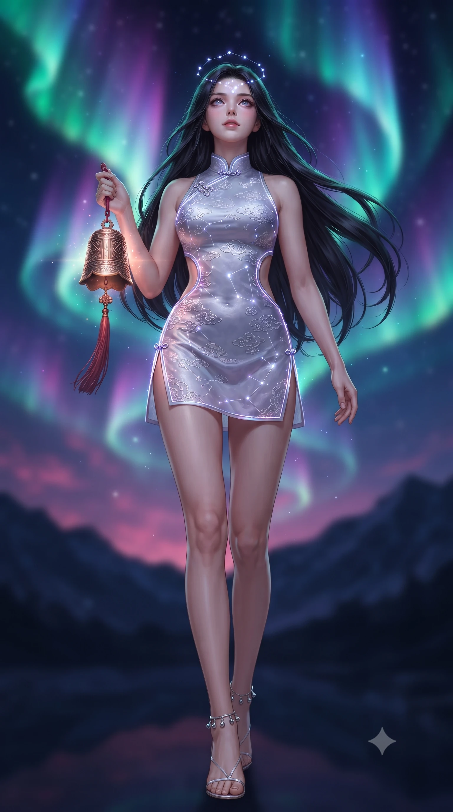 score_9, masterpiece, best quality, ultra-detailed, high-budget anime keyframe, editorial fashion photography, tasteful artistic composition, Korean woman. low angle full-body shot from head to toe showing her feet, filling the entire 9:16 vertical frame with her statuesque presence, stretching her vertical silhouette. striding forward in a proud, dynamic supermodel runway stride, her statuesque vertical silhouette commanding the entire frame while holding a glowing bronze ritual bell with red tassels, looking up at the aurora-filled sky with reverent, sparkling eyes. The composition keeps background elements in soft focus with creamy bokeh. swirling emerald and violet aurora ribbons and dark mountain silhouettes blurred into deep indigo, magenta, and teal bokeh. She has an absolutely perfect, statuesque 8.5-heads proportion, an exceptionally tall and slender model-like female figure with impossibly long slender legs, a toned flat midriff, and an ultra-slim waist. sharp v-shaped jawline, high-bridge nose, intricate jewel-like eyes with depth, thick eyelashes, glossy lips with a natural sheen, captivating and magnetic expression, flawlessly proportioned anatomical accuracy, strict slender model proportions, natural body alignment, perfectly sculpted long slender limbs, ultra-slim waistline, clean dynamic posture without body distortion. wearing a futuristic embroidered qipao mini dress with glowing fiber-optic seams and side cutouts in moonlit silver and lavender mist, crafted from traditional Korean gossamer silk organza with pearlescent luster, accented with dainty silver ankle bells and a glowing constellation circlet, the liquid-tight tailored fabric emphasizing every curve of her tall, slender model proportions and sculptured silhouette during dynamic movement. surrounded by a divine, mystical, and spiritually transcendent shrine maiden sovereign aura. ultra-reflective glossy finish, specular highlights, rich textural contrasts, high-contrast stereoscopic depth, volumetric dynamic lighting, 2k, ultra detail, master piece, 9:16 ratio