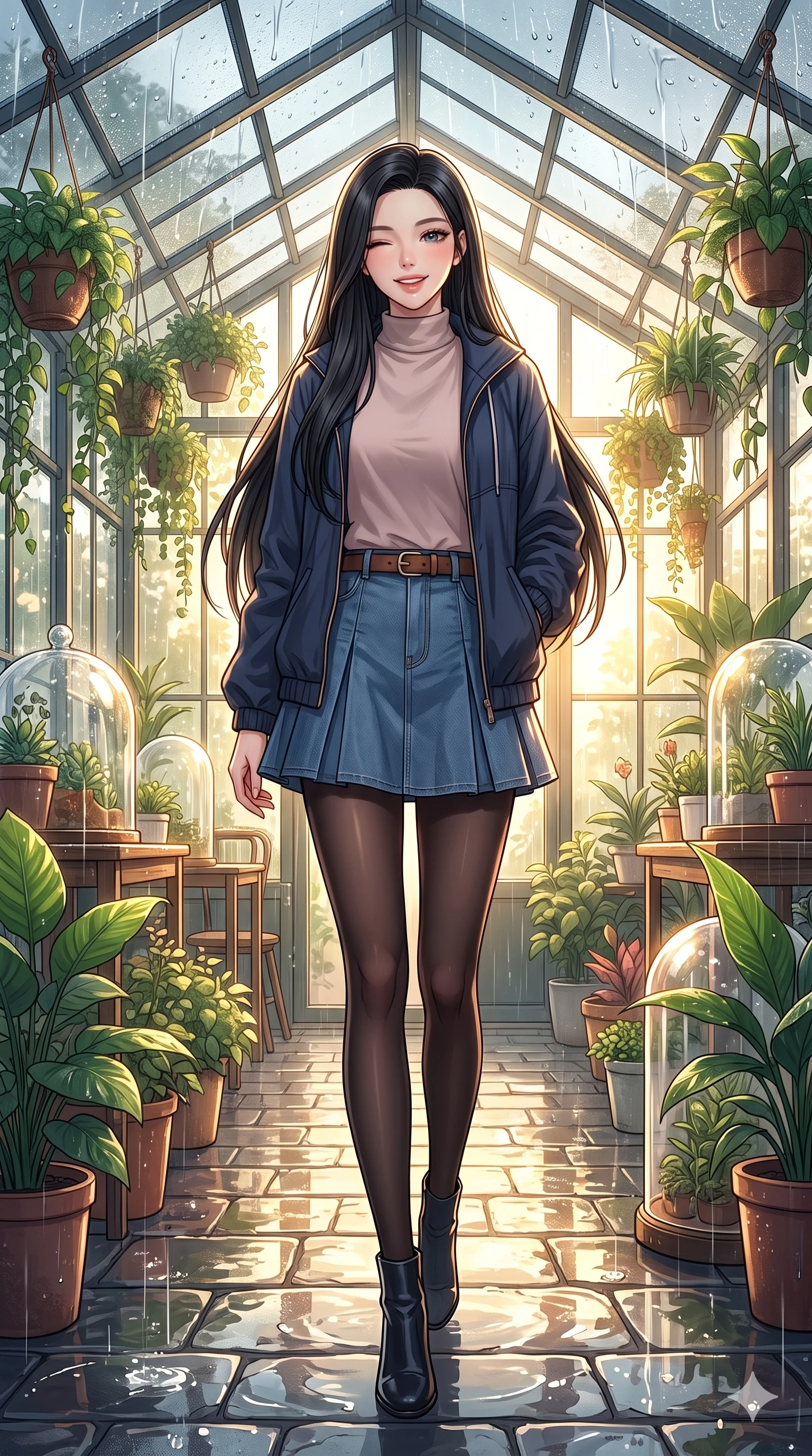 score_9, masterpiece, best quality, ultra-detailed, high-budget anime keyframe, vibrant anime aesthetic, Korean woman. low angle full-body shot from head to toe showing her feet, filling the entire 9:16 vertical frame with her statuesque presence, stretching her vertical silhouette. She is walking down a rain-slicked path, winking and smiling cheerfully, gazing at the camera with sparkling eyes with a gentle tilt of her head. inside a spacious greenhouse cafe filled with hanging plants, where rain drums softly on the glass roof panels (Code-P22-016). She has an absolutely perfect 8-heads proportion, an exceptionally tall and slender female figure with impossibly long slender legs and an ultra-slim waist. V-shaped jawline, high-bridge nose, intricate jewel-like eyes with depth, thick eyelashes, glossy lips with a natural sheen. wearing a modern windbreaker in navy over a high-neck shirt and a pleated denim skirt with an elegant leather belt. She is drenched in brilliant morning sunshine reflecting off wet glass domes, highlighting her winking face and glossy lips in the rainy afternoon. 2k, ultra detail, master piece, 9:16 ratio