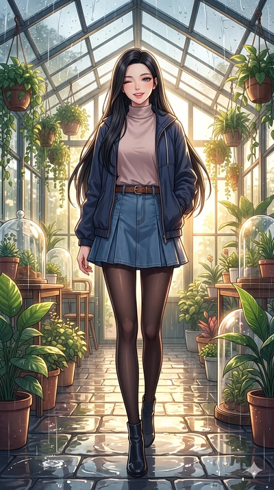 score_9, masterpiece, best quality, ultra-detailed, high-budget anime keyframe, vibrant anime aesthetic, Korean woman. low angle full-body shot from head to toe showing her feet, filling the entire 9:16 vertical frame with her statuesque presence, st