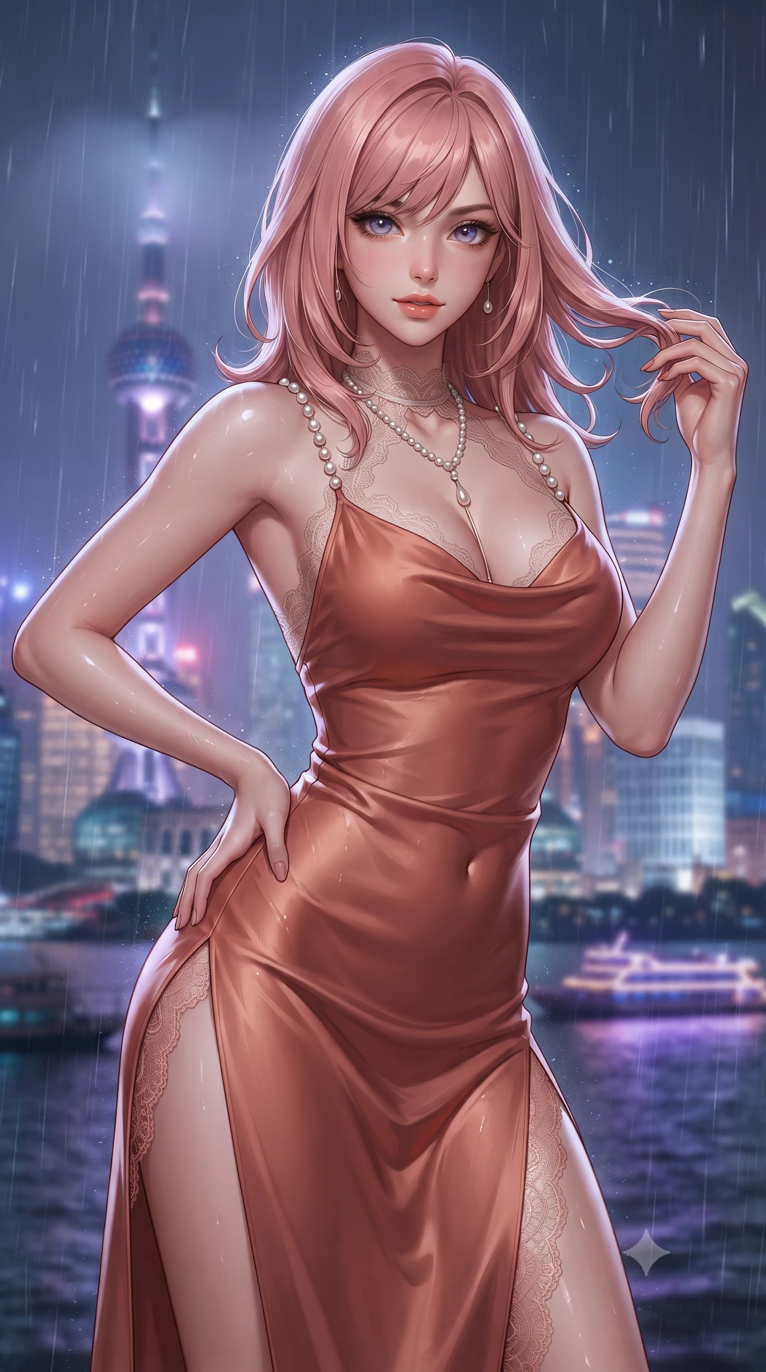 score_9, masterpiece, best quality, ultra-detailed, high-budget anime keyframe, editorial fashion photography, tasteful artistic composition, Japanese woman. close-up cowboy shot from the waist and thighs up, the character dominates the composition, filling the frame with her large presence. twisting her slender torso in an alluring contrapposto stance, one hand resting on her sculpted hip while her fingers toy with her hair with effortless poise while twisting her slender torso in an alluring S-curve, countless neon city lights refracting through water streams onto her flat midriff and curvy hips. The background shows a soft-focus cascading rain rivulets on glass, misty halo around the Oriental Pearl Tower, and moving ferry boat lights on Huangpu River blurred into violet, apricot, and sapphire bokeh. She has an exceptionally elegant, slender, and willowy female figure with an ultra-slim waist, flat toned midriff, narrow ribcage, and sculpted feminine hips creating an alluring, slim hourglass silhouette without bulk. sharp v-shaped jawline, high-bridge nose, sparkling eyes with hypnotic seductive depth, thick curled eyelashes, glossy parted lips with a natural dewy peach sheen, alluring bedroom-eyes with an enchanting coquettish smile, exuding magnetic siren charisma and sophisticated glamour, flawlessly proportioned anatomical accuracy, strict slender model proportions, natural body alignment, perfectly sculpted long slender limbs, ultra-slim waistline, clean dynamic posture without body distortion. wearing a plunging cowl-neck liquid silk satin sarong slip dress with daring hip-high double slits and pearl shoulder straps in Atlas terracotta and desert rose gold, made of delicate semi-sheer French Chantilly lace with intricate eyelash edges, accented with a pearl-drop body harness subtly framing her dewy collarbones and spine, the liquid-tight tailored fabric clinging flawlessly to her narrow waist and rounded feminine hips, emphasizing every millimeter of her sculpted slim hourglass curves without any bulky heaviness. illuminated by lacquer sill reflection bounce and sharp electric-cyan rim lights defining her razor-sharp jawline, narrow waist, and curvy hips. ultra-reflective glossy finish, specular highlights, rich textural contrasts, high-contrast stereoscopic depth, volumetric dynamic lighting, 2k, ultra detail, master piece, 9:16 ratio