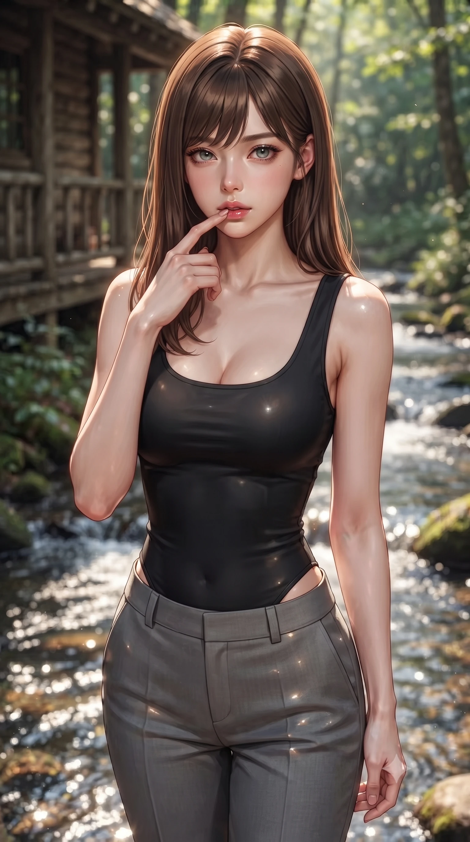 score_9, masterpiece, best quality, ultra-detailed, high-budget anime keyframe, editorial fashion photography, tasteful artistic composition, Korean woman woman. close-up cowboy shot from the waist and thighs up, the character dominates the composition, filling the frame with her large presence, background elements kept in soft focus. pressing one finger to her bottom lip in a thoughtful, seductive gesture under the warm sun the background shows a soft-focus a cozy cottage porch beside a bubbling forest stream with clear running water. She has an exceptionally elegant, slender, and willowy female figure with an ultra-slim waist, a gracefully sculpted slender torso, and a refined silhouette. sharp v-shaped jawline, high-bridge nose, intricate jewel-like eyes with depth, thick eyelashes, glossy lips with a natural sheen. wearing a tailored form-fitting scoop-neck tank bodysuit in black, paired with tailored grey pants. dappled sunbeams reflecting off the moving water surface onto her form. ultra-reflective glossy finish, specular highlights, metallic sheen, high-contrast stereoscopic depth, volumetric dynamic lighting, 2k, ultra detail, master piece, 9:16 ratio