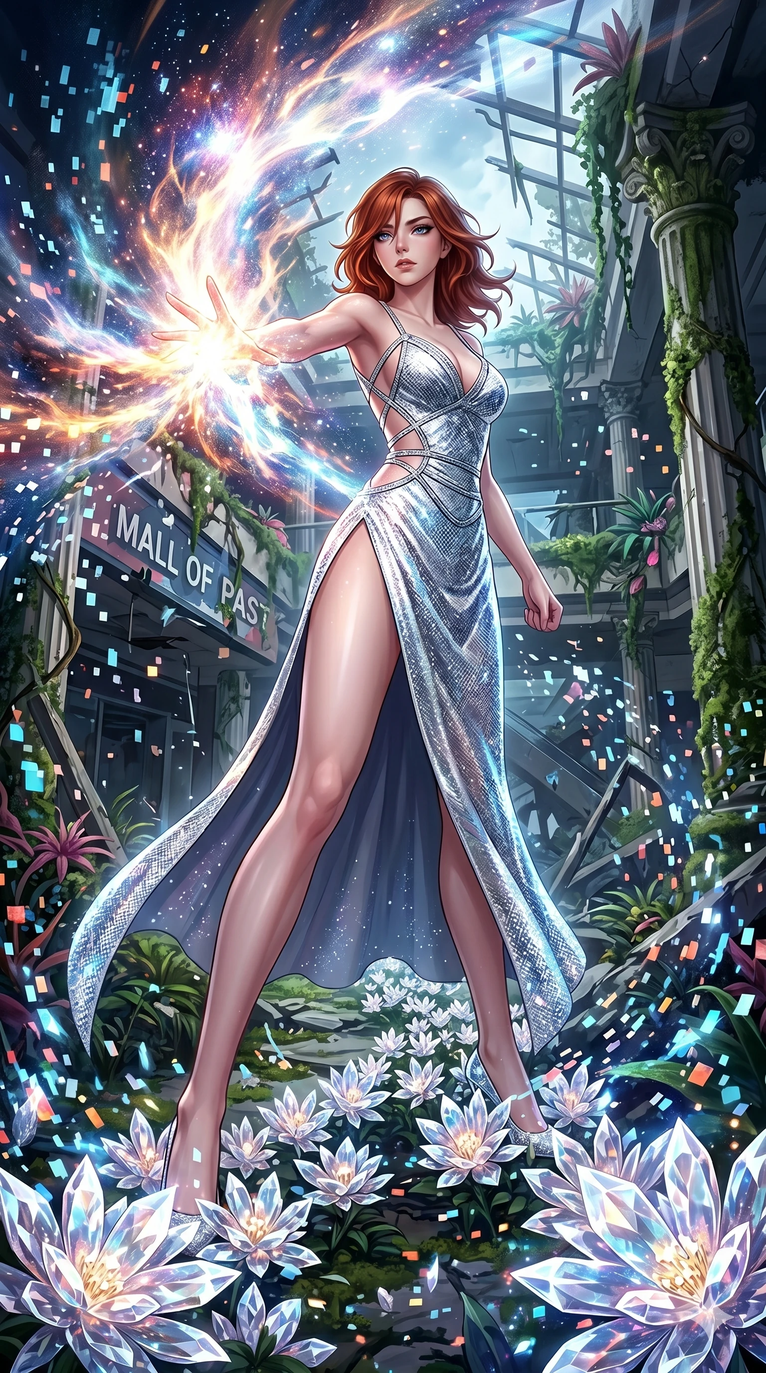 score_9, masterpiece, best quality, ultra-detailed, Set A: High-budget Anime Keyframe, Caucasian (human ears) woman. Low angle cowboy shot filling the entire 9:16 frame with her statuesque presence. Theme: Historical Remix. unleashing a massive energy wave in a ruined overgrown shopping mall, while she leaves a trail of 236 blooming crystal flowers. The atmosphere is filled with a blizzard of digital pixels. She has an absolutely perfect 8-heads proportion, an exceptionally tall and slender female figure with impossibly long slender legs and an ultra-slim waist. Sharp v-shaped jawline, high-bridge nose, intricate jewel-like eyes with depth, glossy lips. Wearing Liquid-diamond texture dress with an impossibly high side slit and silver straps. Cinematic lighting, vivid colors, dramatic shadows, 2k, ultra detail, master piece, 9:16 ratio