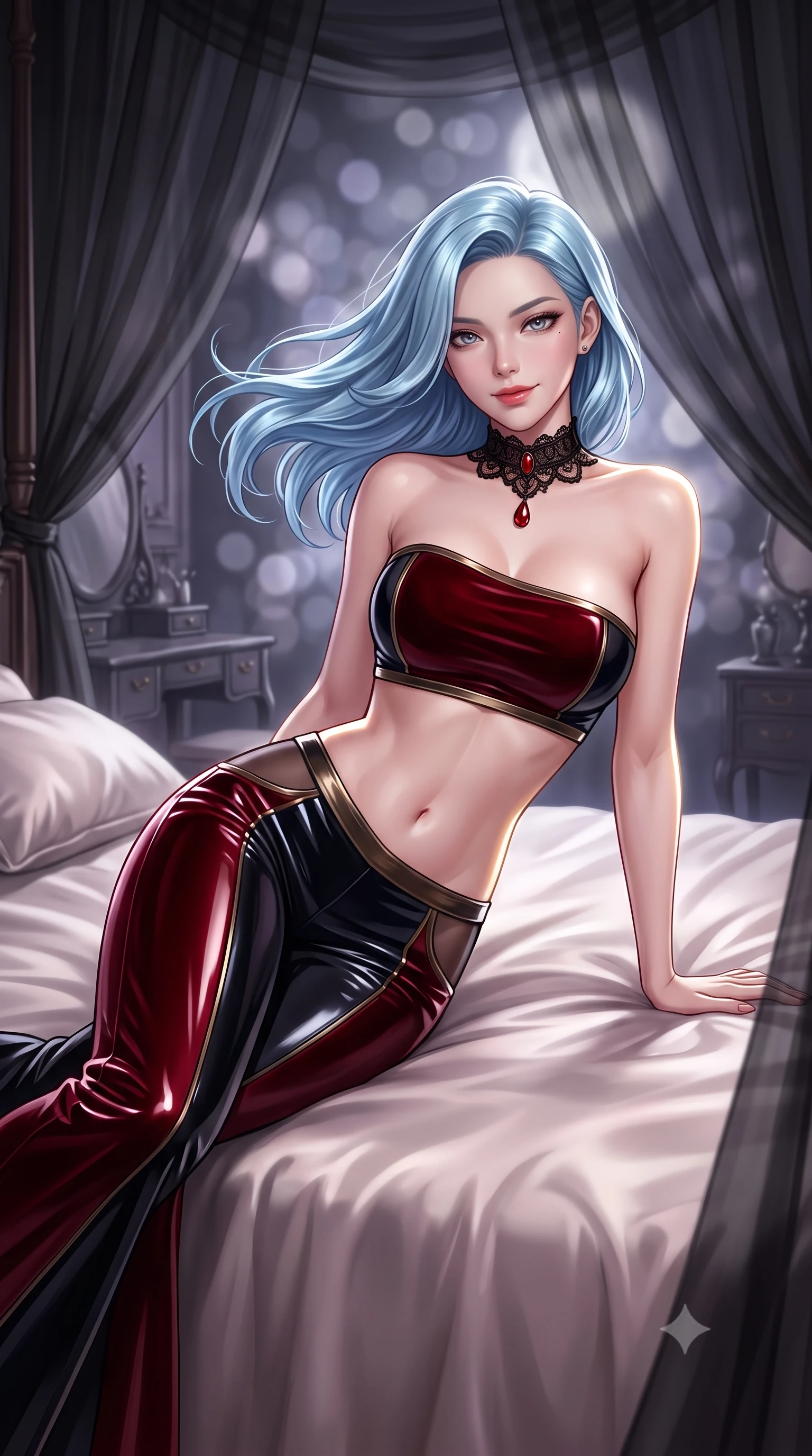 score_9, masterpiece, best quality, ultra-detailed, high-budget anime keyframe, semi-realistic 3D game render, editorial fashion photography, tasteful artistic composition, Korean woman. close-up cowboy shot from the waist and thighs up, the character dominates the composition, filling the frame with her large presence. turning slowly with an enchanting smoldering smile, her glossy hair tossing in the breeze as her hips angle gracefully in a captivating contrapposto while reclining sideways on the plush silk duvet propped on one elbow, her flat midriff and long slender legs commanding the intimate boudoir. The background shows a soft-focus floating sheer black organza canopy curtains, antique gothic vanities, and moonlight blurred into charcoal, lavender, and silver bokeh. She has an exceptionally elegant, slender, and willowy female figure with an ultra-slim waist, flat toned midriff, narrow ribcage, and sculpted feminine hips creating an alluring, slim hourglass silhouette without bulk. sharp v-shaped jawline, high-bridge nose, sparkling eyes with hypnotic seductive depth, thick curled eyelashes, glossy parted lips with a natural dewy peach sheen, alluring bedroom-eyes with an enchanting coquettish smile, exuding magnetic siren charisma and sophisticated glamour, flawlessly proportioned anatomical accuracy, strict slender model proportions, natural body alignment, perfectly sculpted long slender limbs, ultra-slim waistline, clean dynamic posture without body distortion. wearing a form-contouring one-shoulder minimalist bandeau top paired with low-rise tailored trousers with sheer hip cutouts in deep blood-red velvet and midnight obsidian black with antique bronze trims, crafted from wet-look high-gloss vinyl fabric with dazzling specular surface reflections, accented with an ornate black lace Victorian choker featuring a single blood-red teardrop garnet, the second-skin tailored fabric adhering flawlessly to her sculpted flat midriff and slender torso, emphasizing her long leg lines and perfectly proportioned willowy build. illuminated by silk bedding reflection fill and sharp platinum-gold rim lights defining her collarbones, narrow waist, and curvy hips. highly saturated vibrant anime colors, detailed shading with soft gradients, rich glossy textures, high-contrast stereoscopic depth, volumetric dynamic lighting, master piece, 9:16 ratio