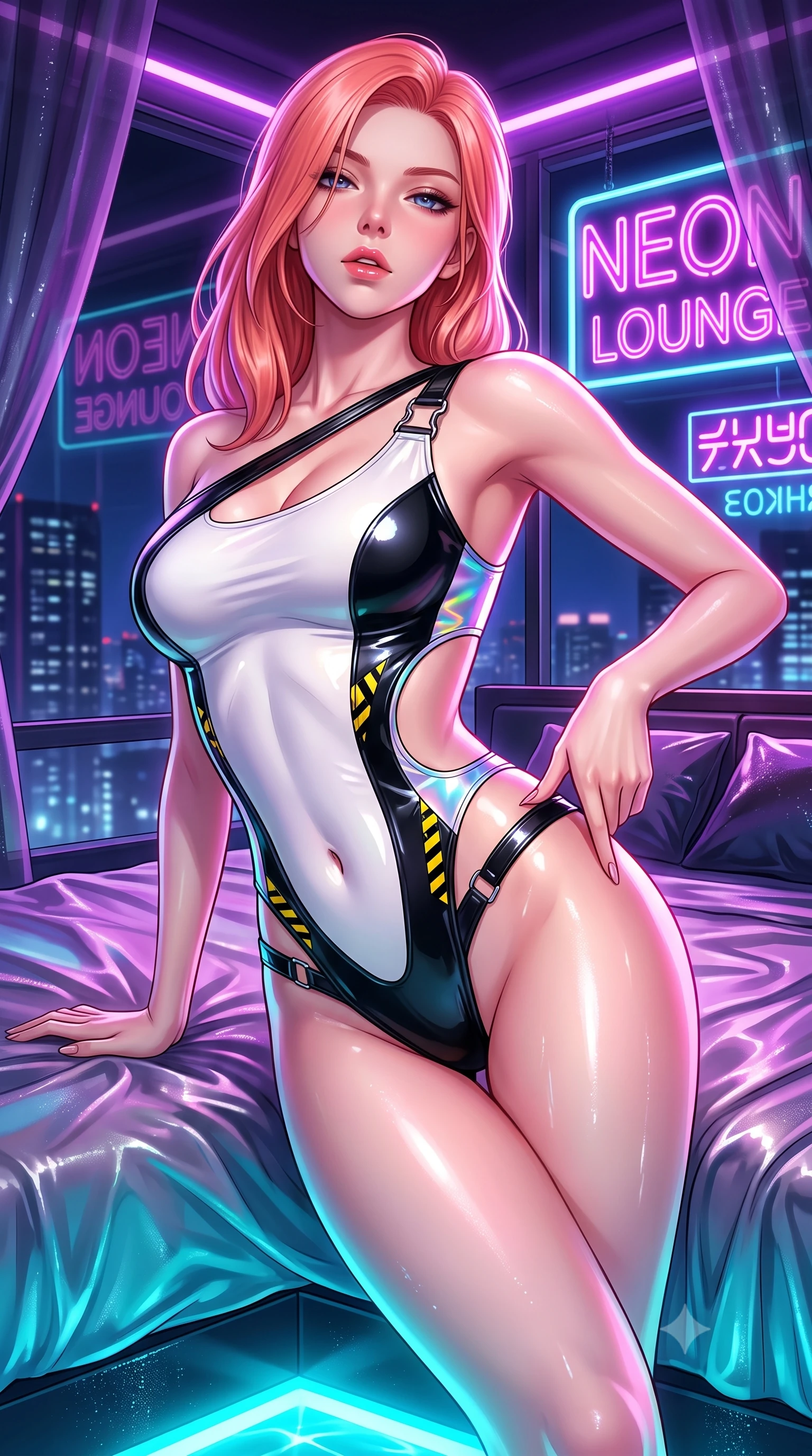score_9, masterpiece, best quality, ultra-detailed, high-budget anime keyframe, semi-realistic 3D game render, editorial fashion photography, tasteful artistic composition, Japanese woman. close-up cowboy shot from the waist and thighs up, the character dominates the composition, filling the frame with her large presence. arching her spine backward with effortless dancer poise, one hand sliding along her hip line as directional light carves specular highlights along her silhouette while lounging in a private VIP cabana bed propped on one hip, parted lips glistening as purple and cyan neon reflections wash over her body. The surrounding environment is rendered in vivid detail and crisp panoramic clarity. detailed neon sign typography, wet fabric sheen, and night skyline reflections in high clarity. She has an exceptionally elegant, slender, and willowy female figure with an ultra-slim waist, a gracefully sculpted slender torso, toned flat midriff, and rounded feminine hips creating an alluring hourglass silhouette. sharp v-shaped jawline, high-bridge nose, intricate jewel-like eyes with depth, thick eyelashes, glossy parted lips with a natural sheen, intensely captivating and seductive bedroom-eyes expression, flawlessly proportioned anatomical accuracy, strict slender model proportions, natural body alignment, perfectly sculpted long slender limbs, ultra-slim waistline, clean dynamic posture without body distortion. wearing an asymmetrical one-shoulder cut-out swimsuit with holographic side panels and hip straps in high-contrast monochrome white and glossy black, tailored from second-skin aerodynamic stretch vinyl with specular sheen, finished with high-visibility hazard warning tape details and carabiner clips, the form-contouring material adhering flawlessly to her sculpted flat midriff and slender torso, emphasizing her long leg lines and perfectly proportioned willowy build. bathed in glowing underwater cyan LED illumination and ambient violet neon cabana downlights. highly saturated vibrant anime colors, detailed shading with soft gradients, rich glossy textures, high-contrast stereoscopic depth, volumetric dynamic lighting, master piece, 9:16 ratio