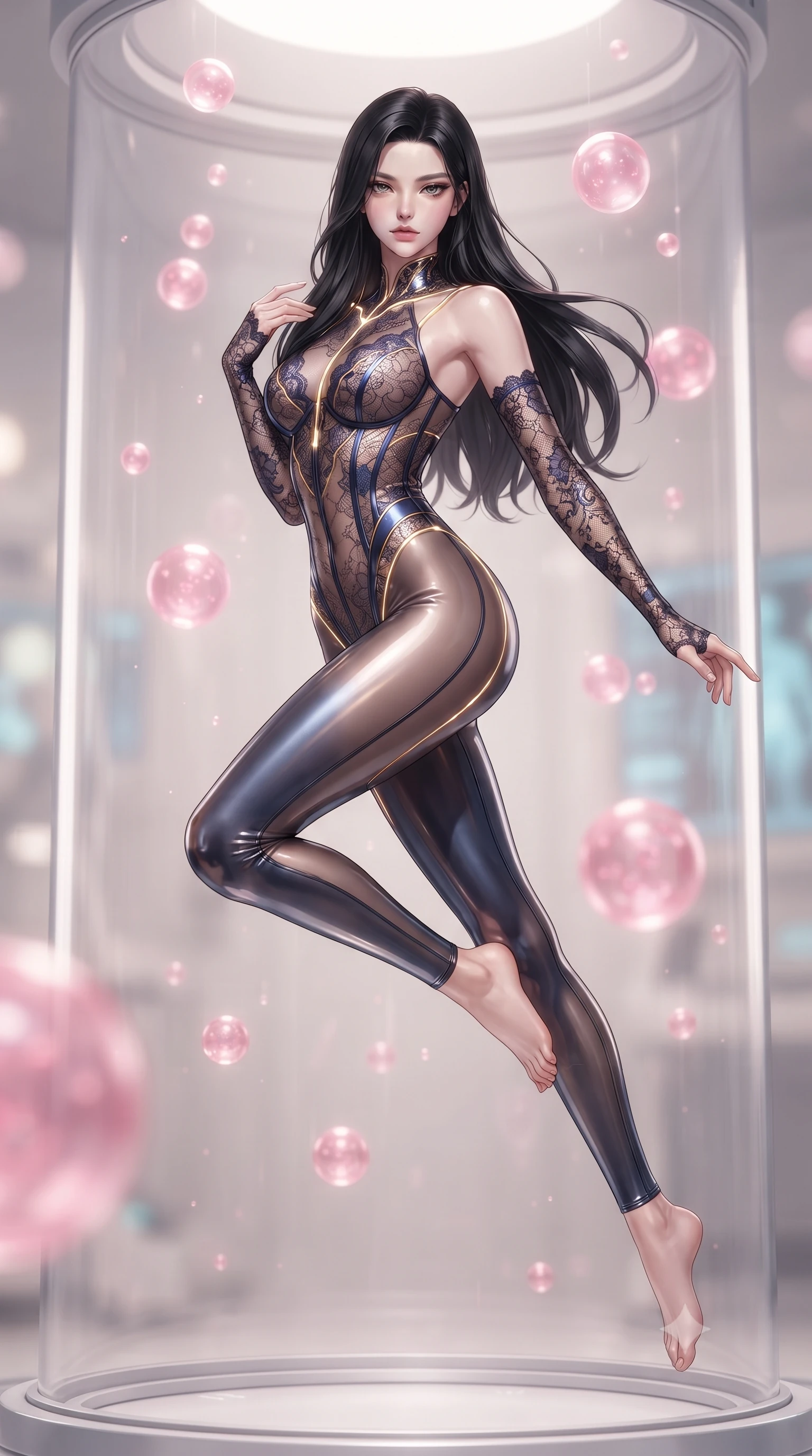 score_9, masterpiece, best quality, ultra-detailed, high-budget anime keyframe, editorial fashion photography, tasteful artistic composition, Korean woman. low angle full-body shot from head to toe showing her feet, filling the entire 9:16 vertical frame with her statuesque presence, stretching her vertical silhouette. leaping through mid-air with an athletic yet alluring arch of her spine, her impossibly long slender legs stretched in flawless poise while floating in zero-gravity inside a medical stasis cylinder with a serene yet dangerously alluring gaze. The composition keeps background elements in soft focus with creamy bokeh. glowing pink nano-fluid bubbles and holographic bio-scanners blurred into soft, dreamy ambient bokeh. She has an absolutely perfect, statuesque 8.5-heads proportion, an exceptionally tall and slender model-like female figure with impossibly long slender legs and an ultra-slim waist. sharp v-shaped jawline, high-bridge nose, intricate jewel-like eyes with depth, thick eyelashes, glossy lips with a natural sheen, flawlessly proportioned anatomical accuracy, natural body alignment, perfectly sculpted elegant limbs, clean dynamic posture without body distortion. wearing a sheer dark lace pattern bodysuit with structured corsetry boning, sheer contouring side panels, and detached lace sleeves in midnight sapphire blue and glowing gold filaments, made of liquid metal jersey that clings flawlessly to every contour of her build, accented with glowing fiber-optic seams tracing her collarbones and hip curves, the form-contouring second-skin material highlighting her ultra-slim waist and long lines. surrounded by a sterile yet deeply seductive, ethereal, and pristine android rebirth atmosphere. ultra-reflective glossy finish, specular highlights, metallic sheen, high-contrast stereoscopic depth, volumetric dynamic lighting, 2k, ultra detail, master piece, 9:16 ratio