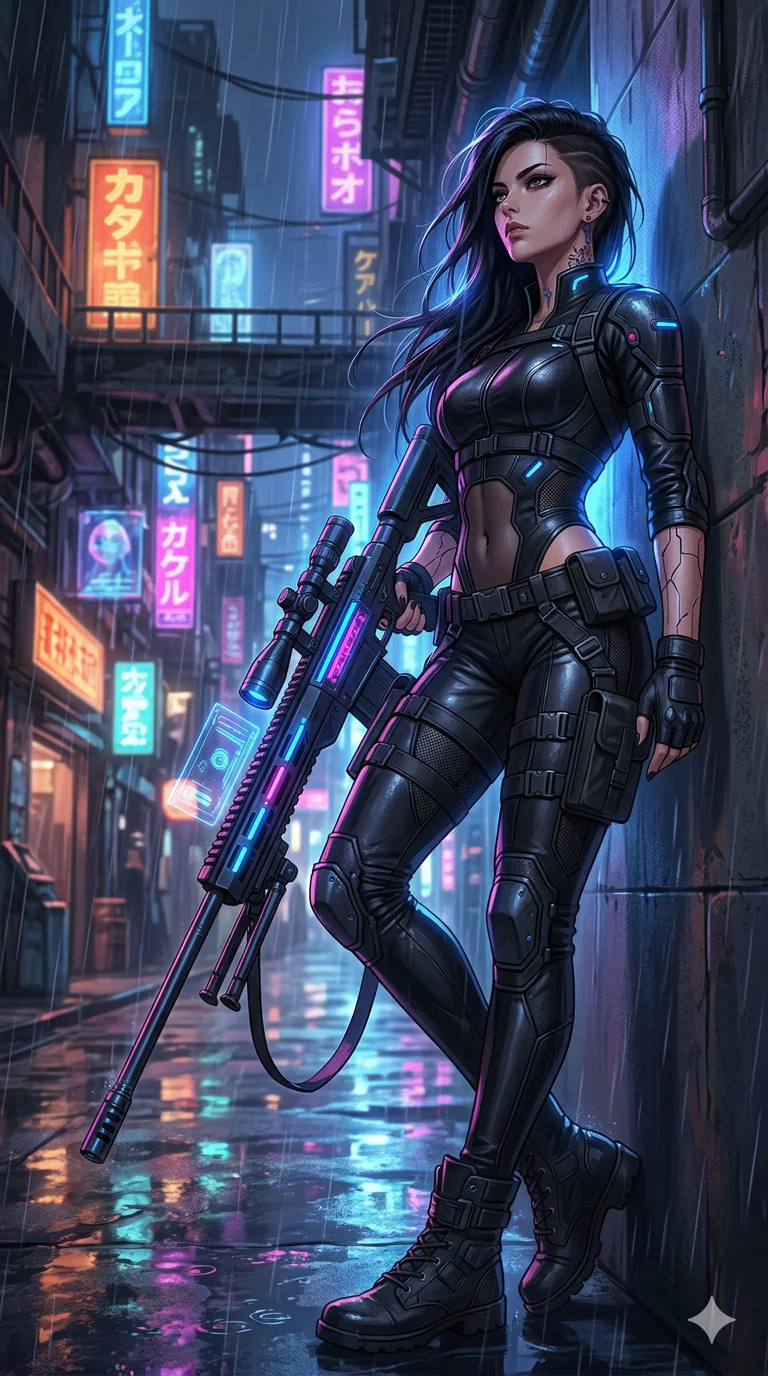 score_9, masterpiece, best quality, ultra-detailed, semi-realistic high-budget anime keyframe, an incredibly beautiful Japanese woman. Low angle cowboy shot filling the frame. She is a cyberpunk rebel with a neon-glowing sniper rifle, waiting for a target. She has an absolutely perfect 8-heads proportion, an exceptionally tall and slender female figure with impossibly long legs. Her face is a masterpiece with raven black hair and sharp features. She is wearing a tight-fitting tactical suit with midriff exposed, highlighting her alluring silhouette. Rainy neon street bokeh, radiant glowing skin, dramatic rim lighting, 2k, ultra detail, master piece, 9:16 ratio