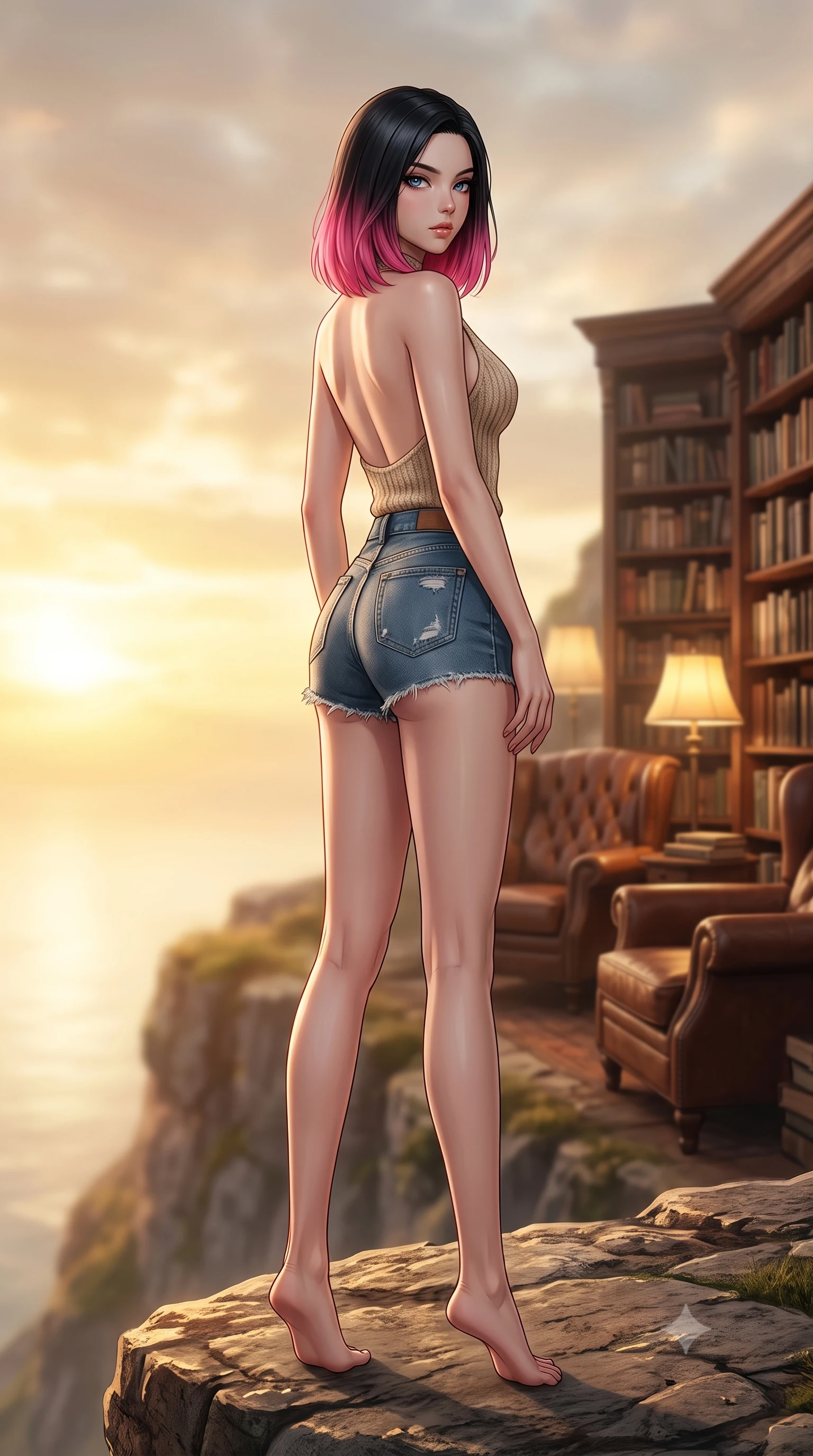 score_9, masterpiece, best quality, ultra-detailed, high-budget anime keyframe, editorial fashion photography, tasteful artistic composition, Korean woman woman. low angle full-body shot from head to toe showing her feet, filling the entire 9:16 vertical frame with her statuesque presence, stretching her vertical silhouette. standing proud on a scenic cliff overlooking the valley, her silhouette framed by the golden sky the background shows a soft-focus a corner of an old bookstore with towering shelves, comfortable leather armchairs, and warm lamps. She has an absolutely perfect, statuesque 8.5-heads proportion, an exceptionally tall and slender model-like female figure with impossibly long slender legs and an ultra-slim waist. sharp v-shaped jawline, high-bridge nose, intricate jewel-like eyes with depth, thick eyelashes, glossy lips with a natural sheen. wearing a slim-fit backless knit top in beige wool, paired with high-waisted denim shorts. warm yellow lamplight casting cozy, soft shadows on the books. 2k, ultra detail, master piece, 9:16 ratio