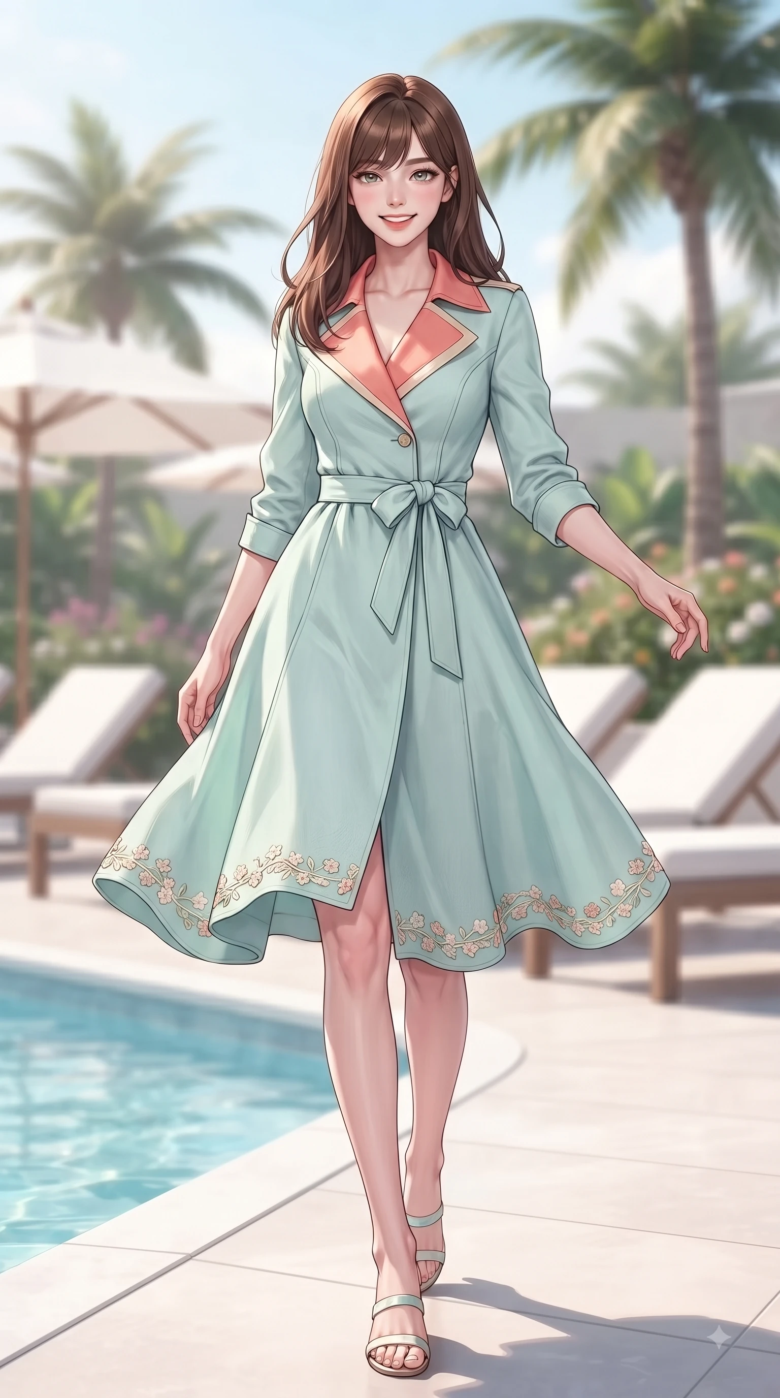 score_9, masterpiece, best quality, ultra-detailed, high-budget anime keyframe, editorial fashion photography, tasteful artistic composition, Korean woman. low angle full-body shot from head to toe showing her feet, filling the entire 9:16 vertical frame with her statuesque presence, stretching her vertical silhouette. pivoting dynamically with a fresh infectious smile, her ultra-slim waist creating a sweeping fluid curve while walking gracefully along a crystal-clear resort pool deck lined with palm trees and sun loungers. The composition keeps background elements in soft focus with dreamy bokeh. white sun loungers and tropical resort gardens softened by a gentle shallow focus. She has an absolutely perfect, statuesque 8.5-heads proportion, an exceptionally tall and slender model-like female figure with impossibly long slender legs and an ultra-slim waist. sharp v-shaped jawline, high-bridge nose, intricate jewel-like eyes with depth, thick eyelashes, glossy lips with a natural sheen, flawlessly proportioned anatomical accuracy, natural body alignment, perfectly sculpted elegant limbs, clean dynamic posture without body distortion. wearing a stylish pastel mint trench dress with a tied belt waist and folded collar in warm coral pink and champagne ivory, made of comfortable premium stretch denim and soft jersey, complemented by delicate embroidered floral trim along the hem, the chic real-way fashion cut emphasizing her effortless charm. surrounded by an exclusive, sun-drenched, and relaxing resort atmosphere. ultra-reflective glossy finish, specular highlights, metallic sheen, high-contrast stereoscopic depth, volumetric dynamic lighting, 2k, ultra detail, master piece, 9:16 ratio