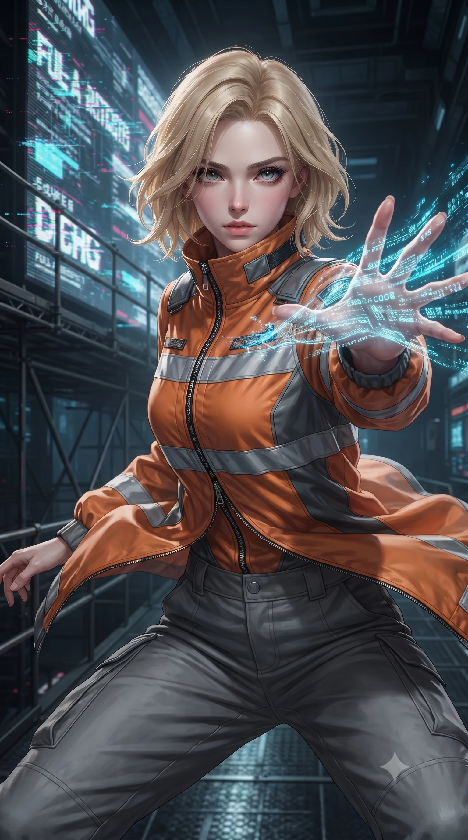 score_9, masterpiece, best quality, ultra-detailed, high-budget anime keyframe, editorial fashion photography, tasteful artistic composition, realistic cosplay photography, Caucasian woman, strictly human ears. close-up cowboy shot from the waist and thighs up, the character dominates the composition, filling the frame with her large presence, background elements kept in soft focus. Casting a digital tracking wave with an outstretched hand, her gaze locked on the escaping target. set against a soft-focus background of a scaffolding walkway behind a massive glitching digital advertising screen. She has an exceptionally elegant and slender, willowy female figure with an ultra-slim waist, a gracefully sculpted slender torso, and a refined slim physique. sharp v-shaped jawline, high-bridge nose, intricate jewel-like eyes with depth, thick eyelashes, glossy lips with a natural sheen. wearing the lightweight fabric rippling and billowing dramatically with her movement, a form-contouring space station engineer jacket in durable orange and grey panels, featuring reflective safety stripes and a high collar, paired with grey utility trousers. soft aqua bioluminescent light making her skin luminously glow against darkness. ultra-reflective glossy finish, specular highlights, metallic sheen, high-contrast stereoscopic depth, volumetric dynamic lighting, 2k, ultra detail, master piece, 9:16 ratio