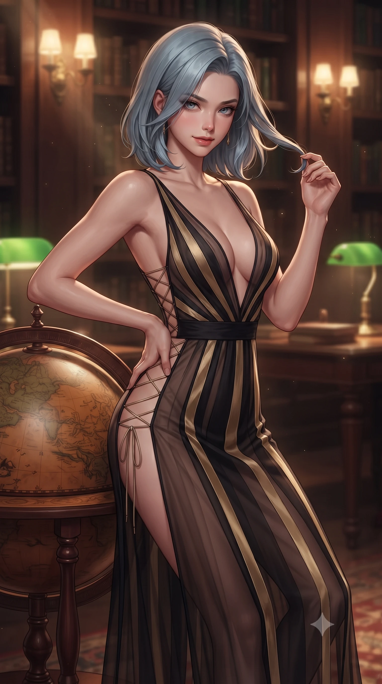 score_9, masterpiece, best quality, ultra-detailed, high-budget anime keyframe, editorial fashion photography, tasteful artistic composition, Korean woman. close-up cowboy shot from the waist and thighs up, the character dominates the composition, filling the frame with her large presence. twisting her slender torso in an alluring contrapposto stance, one hand resting on her sculpted hip while her fingers toy with her hair with effortless poise while leaning against the antique mahogany terrestrial globe stand with hips cocked back, looking through aged calfskin vellum rows with smoldering bedroom-eyes. The background shows a soft-focus ancient vellum book dust caught in warm light beams softened in historic royal library shallow focus. She has an exceptionally elegant, slender, and willowy female figure with an ultra-slim waist, flat toned midriff, narrow ribcage, and sculpted feminine hips creating an alluring, slim hourglass silhouette without bulk. sharp v-shaped jawline, high-bridge nose, intricate jewel-like sparkling eyes with depth, thick eyelashes, glossy parted lips with a natural peach sheen, bright cheerful beaming smile with an enchanting and coquettish sensual glint, exuding both youthful cute charm and seductive allure, flawlessly proportioned anatomical accuracy, strict slender model proportions, natural body alignment, perfectly sculpted long slender limbs, ultra-slim waistline, clean dynamic posture without body distortion. wearing a plunge-front sheer illusion tulle slip dress with liquid gold ribbon stripes hugging her curves in deep midnight obsidian black and champagne gold, made of fluid liquid jersey with seamless sculpting hold and smooth contours, featuring fine criss-cross lace-up side ties revealing tantalizing glimpses of her hip curve, the glove-like clinging cut tightly following the natural contour of her hips and long slender legs with youthful 8.5-heads elegance. bathed in the warm, cozy 2400K illumination of green banker lamps and brass wall sconces dimmed to an intimate evening study glow. ultra-reflective glossy finish, specular highlights, rich textural contrasts, high-contrast stereoscopic depth, volumetric dynamic lighting, 2k, ultra detail, master piece, 9:16 ratio