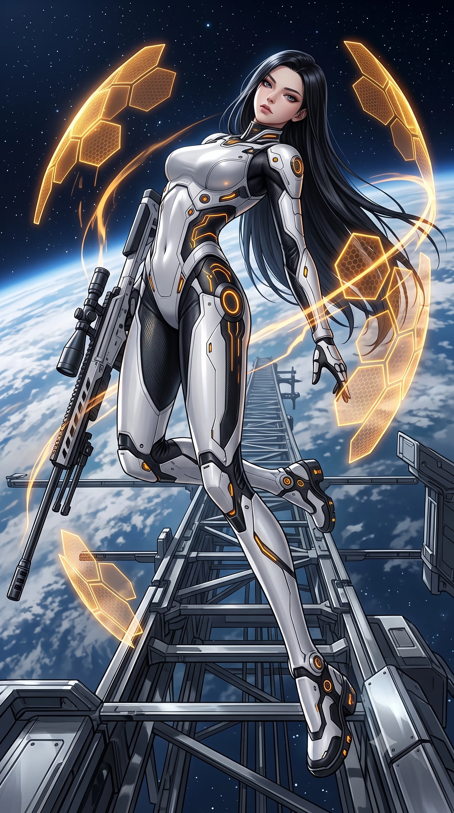 score_9, masterpiece, best quality, ultra-detailed, high-budget anime keyframe, semi-realistic 3D game render, editorial fashion photography, tasteful artistic composition, Korean woman. low angle full-body shot from head to toe showing her feet, filling the entire 9:16 vertical frame with her statuesque presence, stretching her vertical silhouette. arching her back gracefully in mid-air during a dynamic combat vault, her weapon energy trail framing her statuesque presence while stepping along a suspended gantry extending into the starry void with sniper rifle held in a relaxed, sovereign posture. The surrounding environment is rendered in vivid detail and crisp panoramic clarity. detailed magnetic boot clamp seams, Earth's atmospheric cloud patterns, and titanium gantry in high clarity. She has an absolutely perfect, statuesque 8.5-heads proportion, an exceptionally tall and slender model-like female figure with impossibly long slender legs, a toned flat midriff, and an ultra-slim waist. sharp v-shaped jawline, high-bridge nose, intricate jewel-like eyes with depth, thick eyelashes, glossy lips with a natural sheen, flawlessly proportioned anatomical accuracy, strict slender model proportions, natural body alignment, perfectly sculpted long slender limbs, ultra-slim waistline, clean dynamic posture without body distortion. wearing a high-contrast monochrome white-and-black carbon-composite exoskeleton suit with glowing amber circuitry, deploying floating hexagonal holographic energy shields with sovereign grace in molten amber-gold carbon cuirass with dark titanium weave, crafted from ultra-strong woven carbon-fiber composite with a satin luster, featuring a sleek aerodynamic collar framed by subtle glowing cybernetic status LEDs, the precision-cut daring openings accentuating her delicate midriff, graceful bare collarbones, and ultra-slim feminine waistline. surrounded by an awe-inspiring, calm, and radiantly deadly orbital sharpshooter goddess aura. rich saturated anime colors with glowing neon highlights, detailed shading with soft gradients, rich glossy textures, high-contrast stereoscopic depth, volumetric dynamic lighting, master piece, 9:16 ratio
