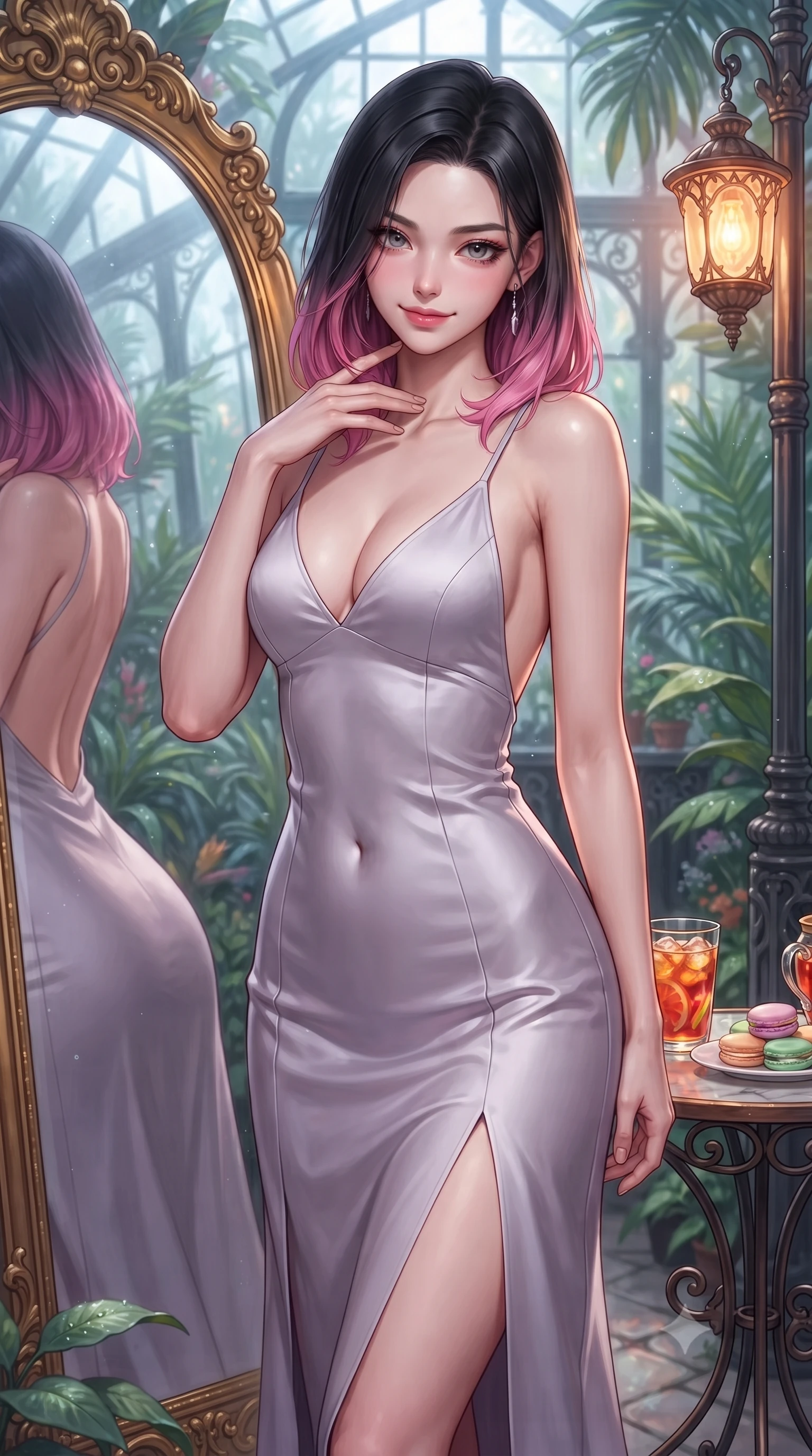 score_9, masterpiece, best quality, ultra-detailed, high-budget anime keyframe, editorial fashion photography, tasteful artistic composition, Korean woman. close-up cowboy shot from the waist and thighs up, the character dominates the composition, filling the frame with her large presence, background elements kept in soft focus. gazing into a gilded mirror reflection with a confident, sensual smile, tracing her neck contour set against a soft-focus background of inside an exclusive botanical greenhouse with a glass of iced fruit tea and delicate macaron pastries arranged on the table. She has an exceptionally elegant, slender, and willowy female figure with an ultra-slim waist, a gracefully sculpted slender torso, and a refined silhouette. sharp v-shaped jawline, high-bridge nose, intricate jewel-like eyes with depth, thick eyelashes, glossy lips with a natural sheen. wearing form-contouring pale lavender matte silk open-back silk slip dress featuring a deep V-neckline and a leg-lengthening side slit featuring refined tailored seams. illuminated by soft silver moonlight contrasting with the warm amber glow of a nearby lamp. highly saturated vibrant anime colors, detailed shading with soft gradients, rich glossy textures, high-contrast stereoscopic depth, volumetric dynamic lighting, master piece, 9:16 ratio
