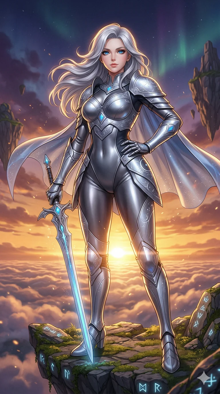 score_9, masterpiece, best quality, ultra-detailed, semi-realistic high-budget anime keyframe, an incredibly beautiful ethereal Caucasian woman with flawless pale skin (strictly human ears). Low angle cowboy shot filling the frame. She is a celestial knight in silver armor, standing on a floating island above the clouds. She has an absolutely perfect 8-heads proportion, an exceptionally tall female figure with a voluptuous yet athletic body. Her face is a masterpiece with silver flowing hair and sapphire eyes. She is wearing a form-fitting metallic silver bodysuit with high-cut armor plates, highlighting her alluring silhouette. Sunset above the clouds, dramatic rim lighting, radiant glowing skin, 2k, ultra detail, master piece, 9:16 ratio