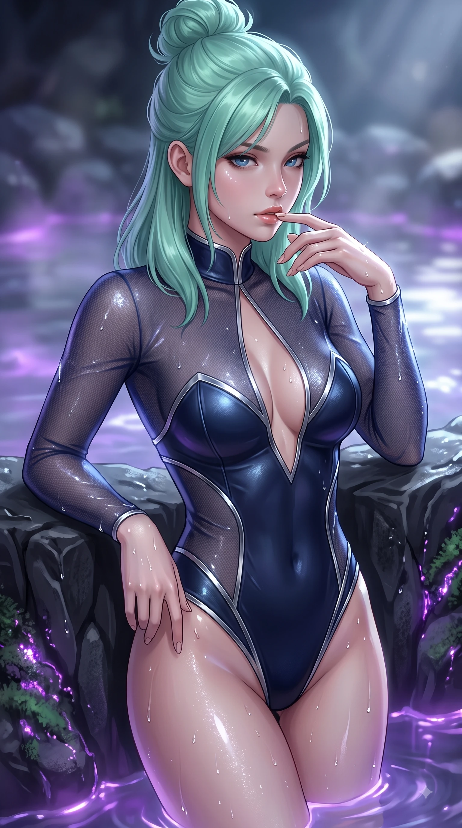 score_9, masterpiece, best quality, ultra-detailed, high-budget anime keyframe, editorial fashion photography, tasteful artistic composition, Japanese woman. close-up cowboy shot from the waist and thighs up, the character dominates the composition, filling the frame with her large presence, background elements kept in soft focus. Resting two fingers near her glossy lips, casting a sharp mysterious side-gaze during her dynamic motion while resting gracefully against a carved obsidian basalt rock edge in a private thermal hot spring, water droplets glistening on her skin and clothing with brilliant specular highlights. She has an exceptionally elegant, slender, and willowy female figure with an ultra-slim waist, a gracefully sculpted slender torso, and a refined silhouette. sharp v-shaped jawline, high-bridge nose, intricate jewel-like eyes with depth, thick eyelashes, glossy lips with a natural sheen, flawlessly proportioned anatomical accuracy, natural body alignment, perfectly sculpted elegant limbs, clean dynamic posture without body distortion. wearing a semi-opaque sheer overlay dress over a leather micro-bodysuit in midnight navy blue and chrome trim, made of fine carbon-fiber weave and soft matte leather, accented with a Tasteful chest slit framing her clavicle gracefully, the form-contouring material highlighting her ultra-slim waist and long lines. illuminated by luminous purple bioluminescence and serene silver moonlight. ultra-reflective glossy finish, specular highlights, metallic sheen, high-contrast stereoscopic depth, volumetric dynamic lighting, 2k, ultra detail, master piece, 9:16 ratio