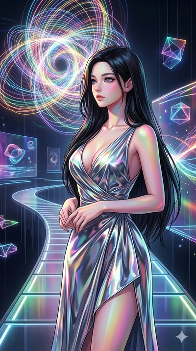 score_9, masterpiece, best quality, ultra-detailed, high-budget anime keyframe, Korean woman. Upper body close-up from the thighs up, character filling the screen for maximum presence. Standing on a floating bridge in a virtual museum of digital art,